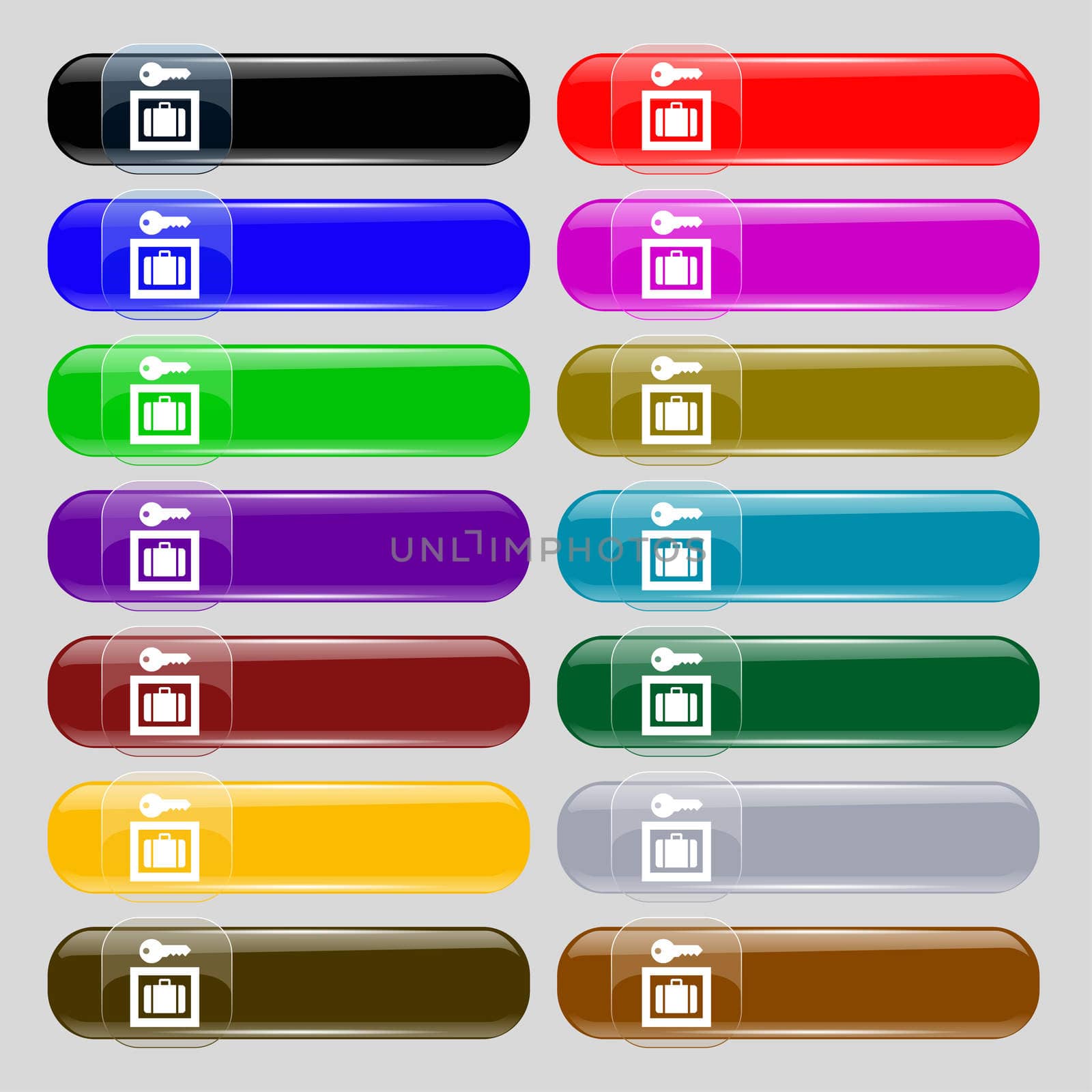 Luggage Storage icon sign. Set from fourteen multi-colored glass buttons with place for text.  by serhii_lohvyniuk