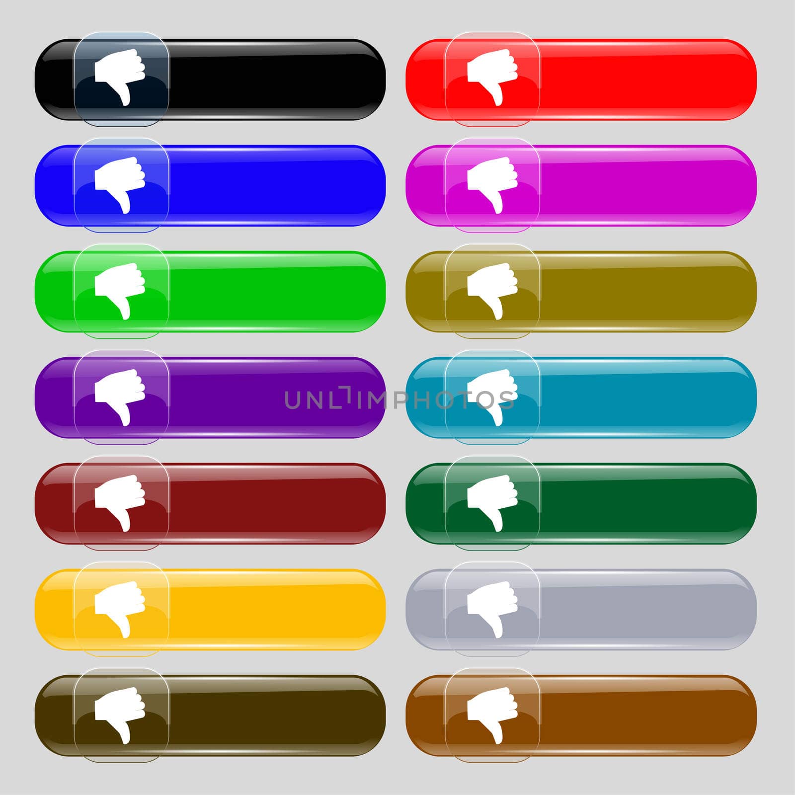 Dislike, Thumb down icon sign. Set from fourteen multi-colored glass buttons with place for text. illustration