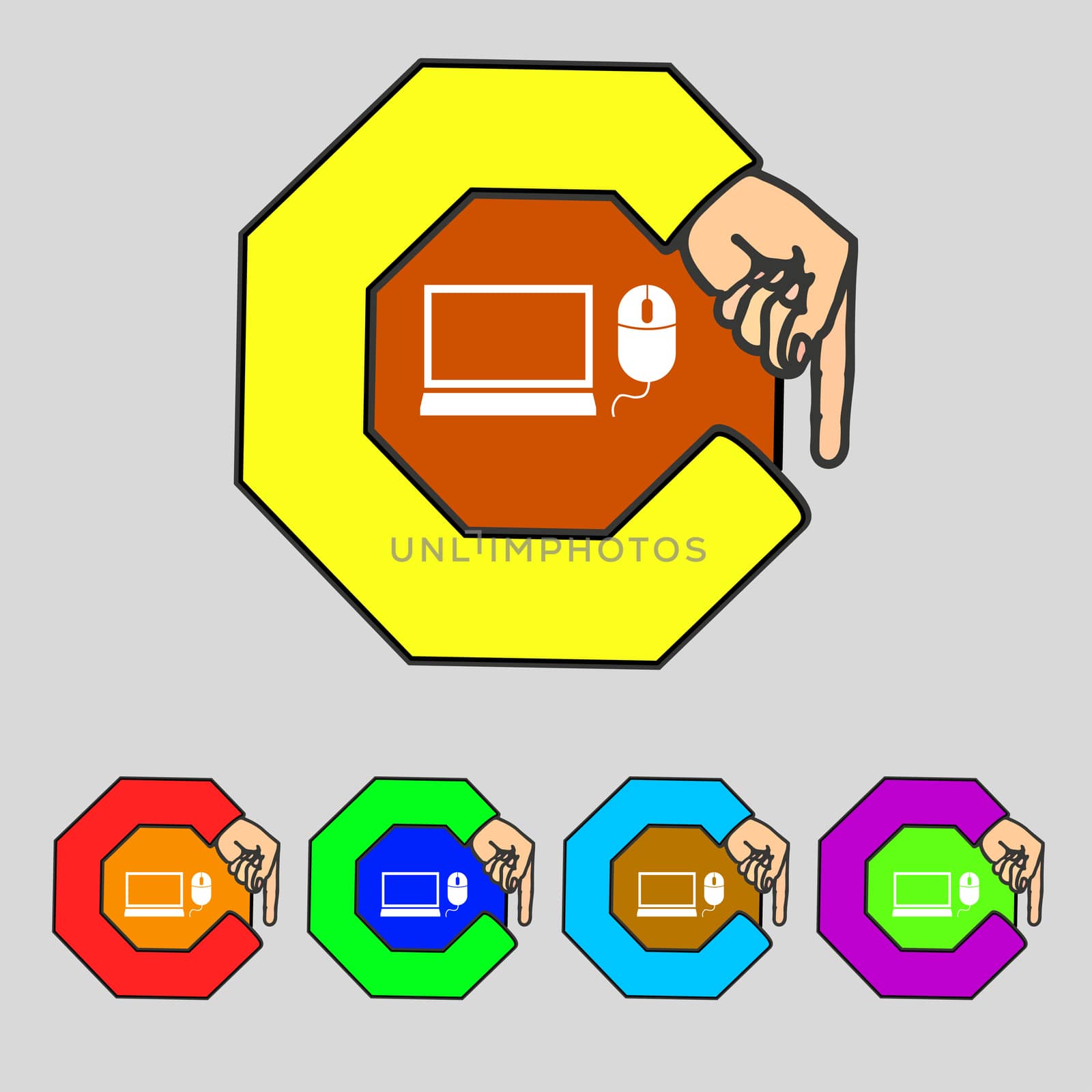 Computer widescreen monitor, mouse sign icon. Set colourful buttons illustration