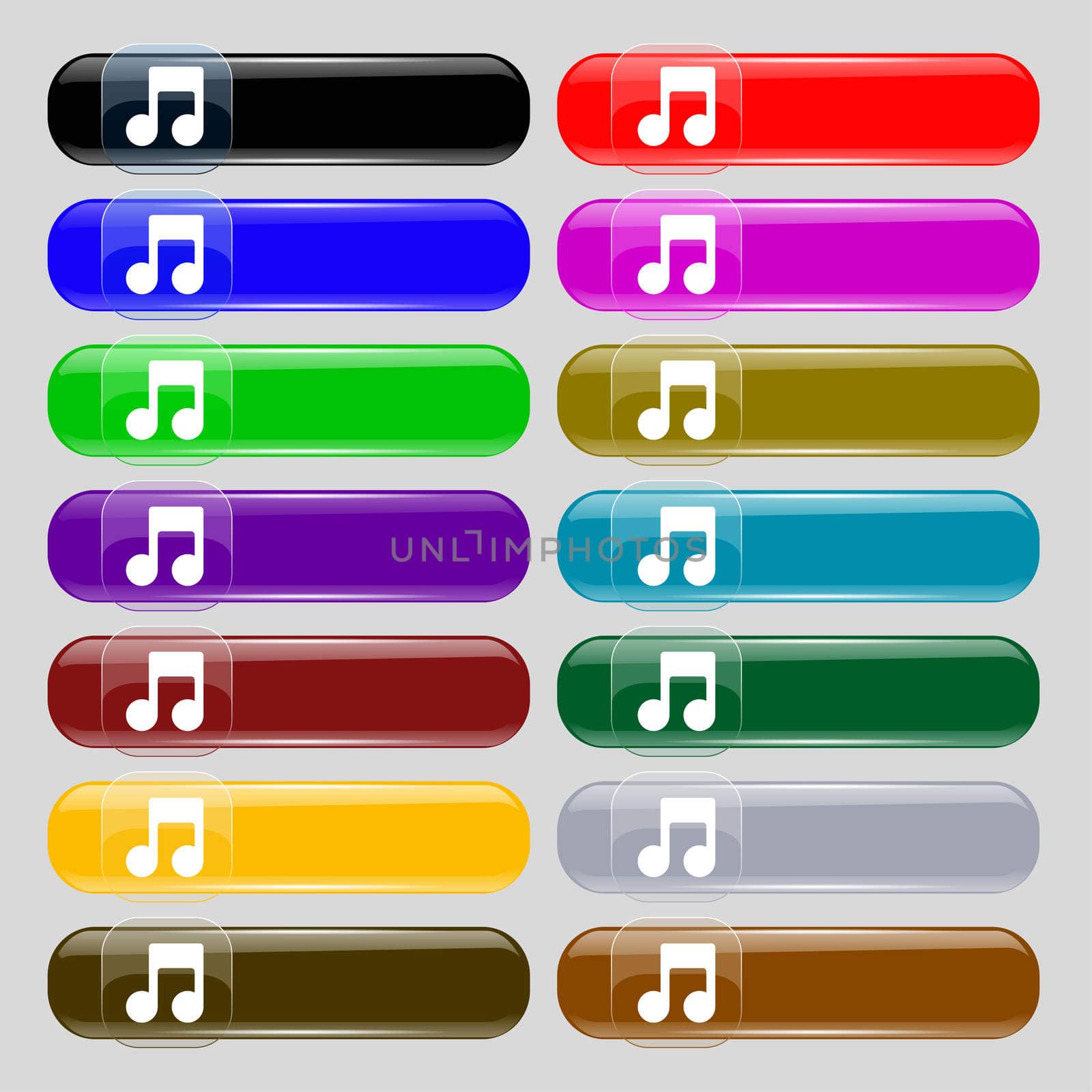 Music note icon sign. Set from fourteen multi-colored glass buttons with place for text. illustration
