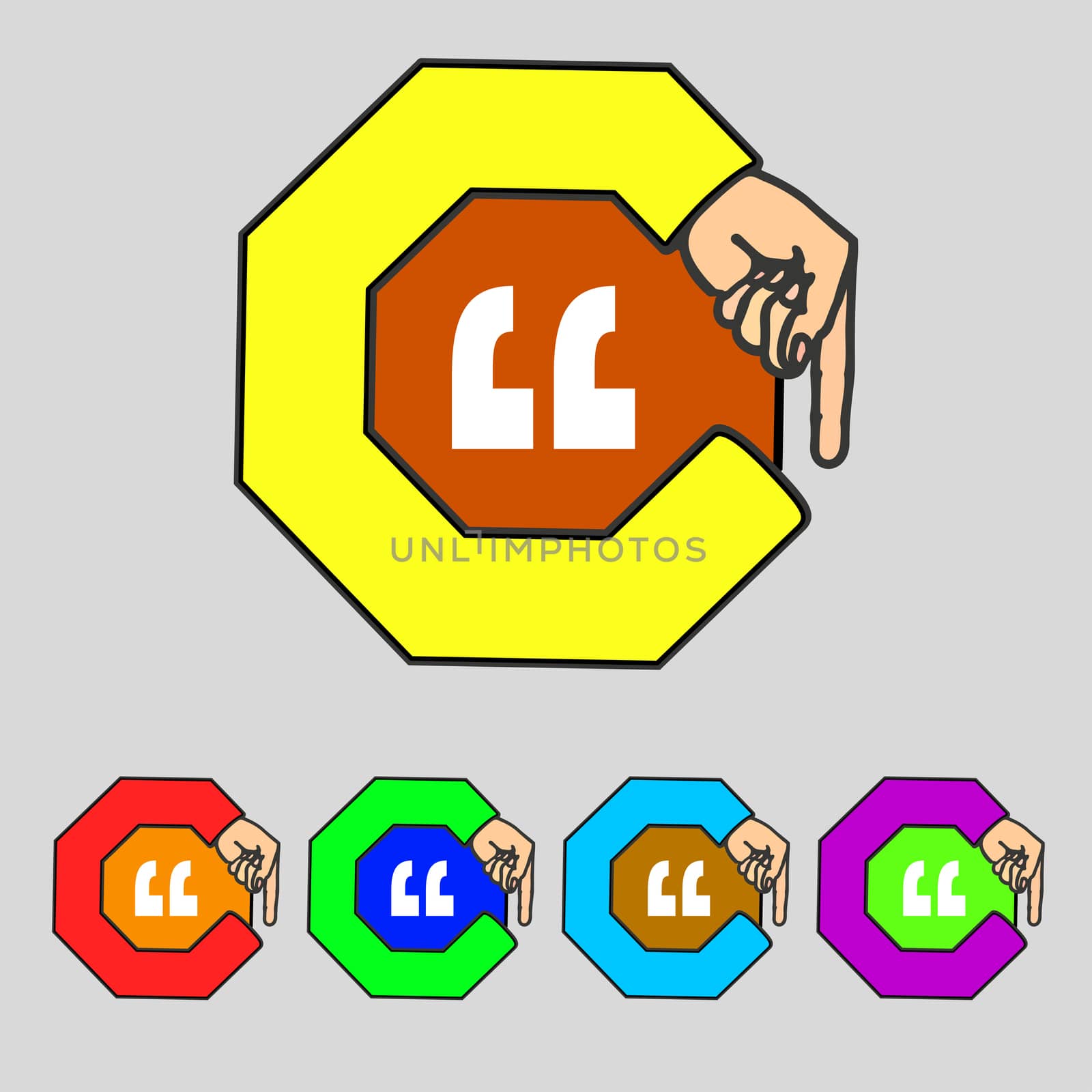Quote sign icon. Quotation mark symbol. Double quotes at the end of words. Set colourful buttons illustration