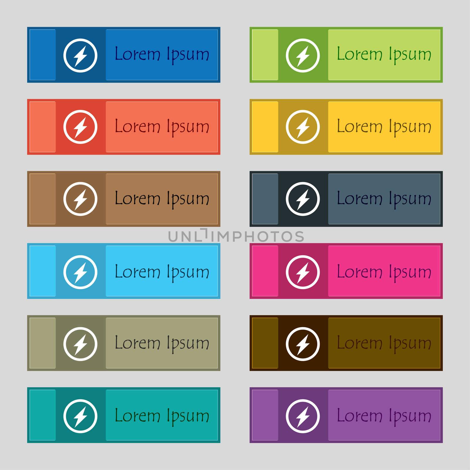 Photo flash sign icon. Lightning symbol. Set of colour buttons. illustration