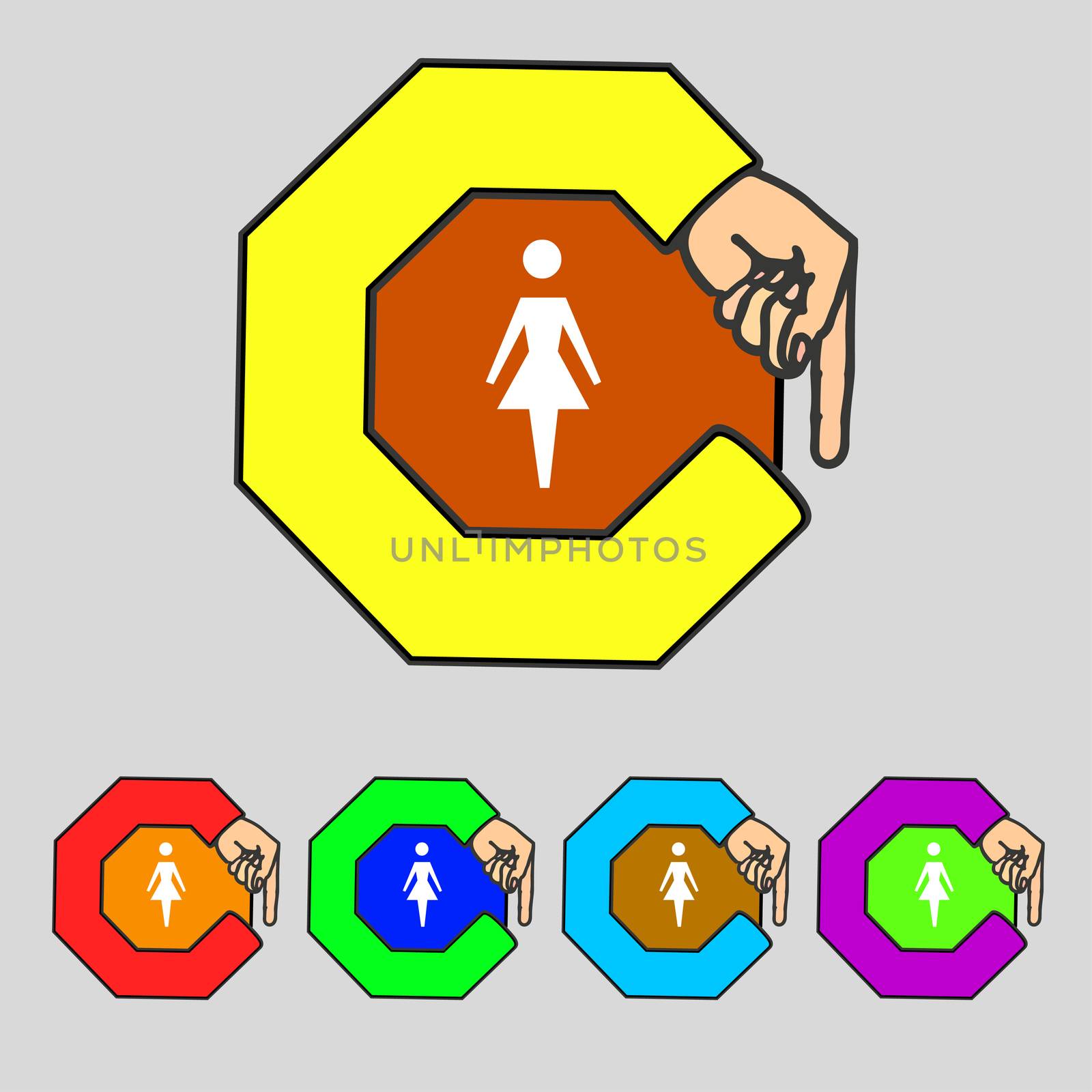 Female sign icon. Woman human symbol. Women toilet. Set colour buttons.  by serhii_lohvyniuk
