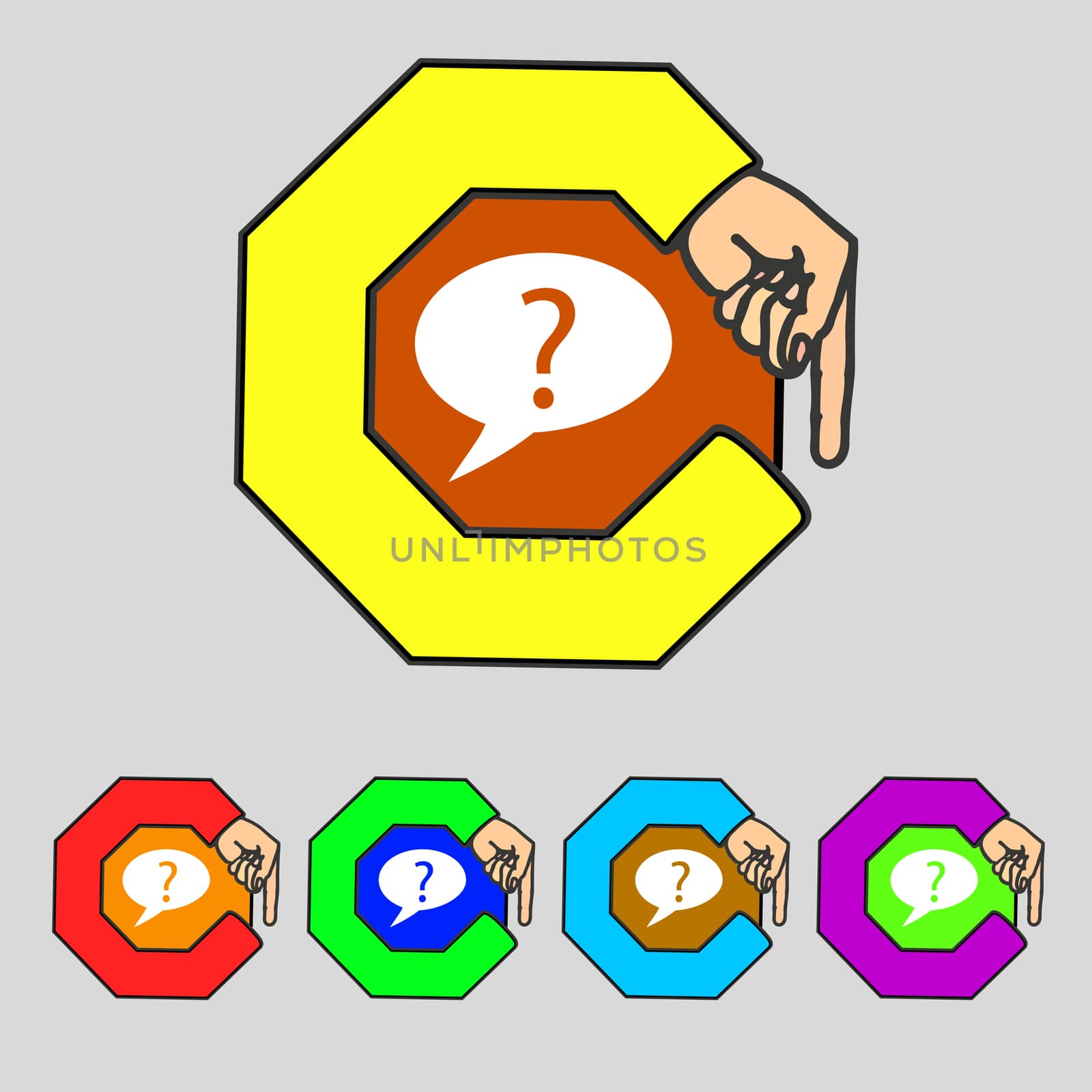 Question mark sign icon. Help speech bubble symbol. FAQ sign Set colourful buttons illustration