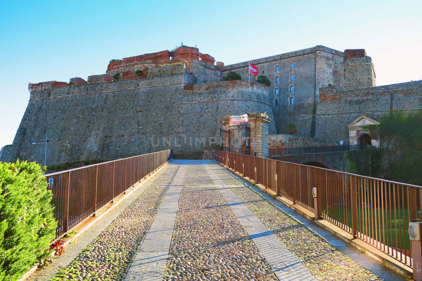 View of access to the Priamar fortress in Savona,Italy,built in 1542 by the Republic of Genoa. It is situated on a hill above the sea and was the main fortress of the Genoese republic in western Liguria.