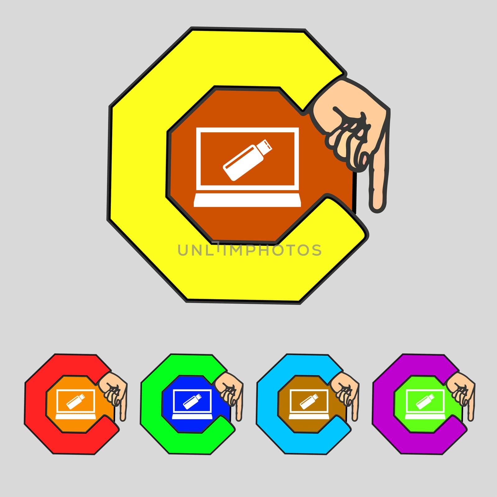 usb flash drive and monitor sign icon. Video game symbol. Set colourful buttons. illustration