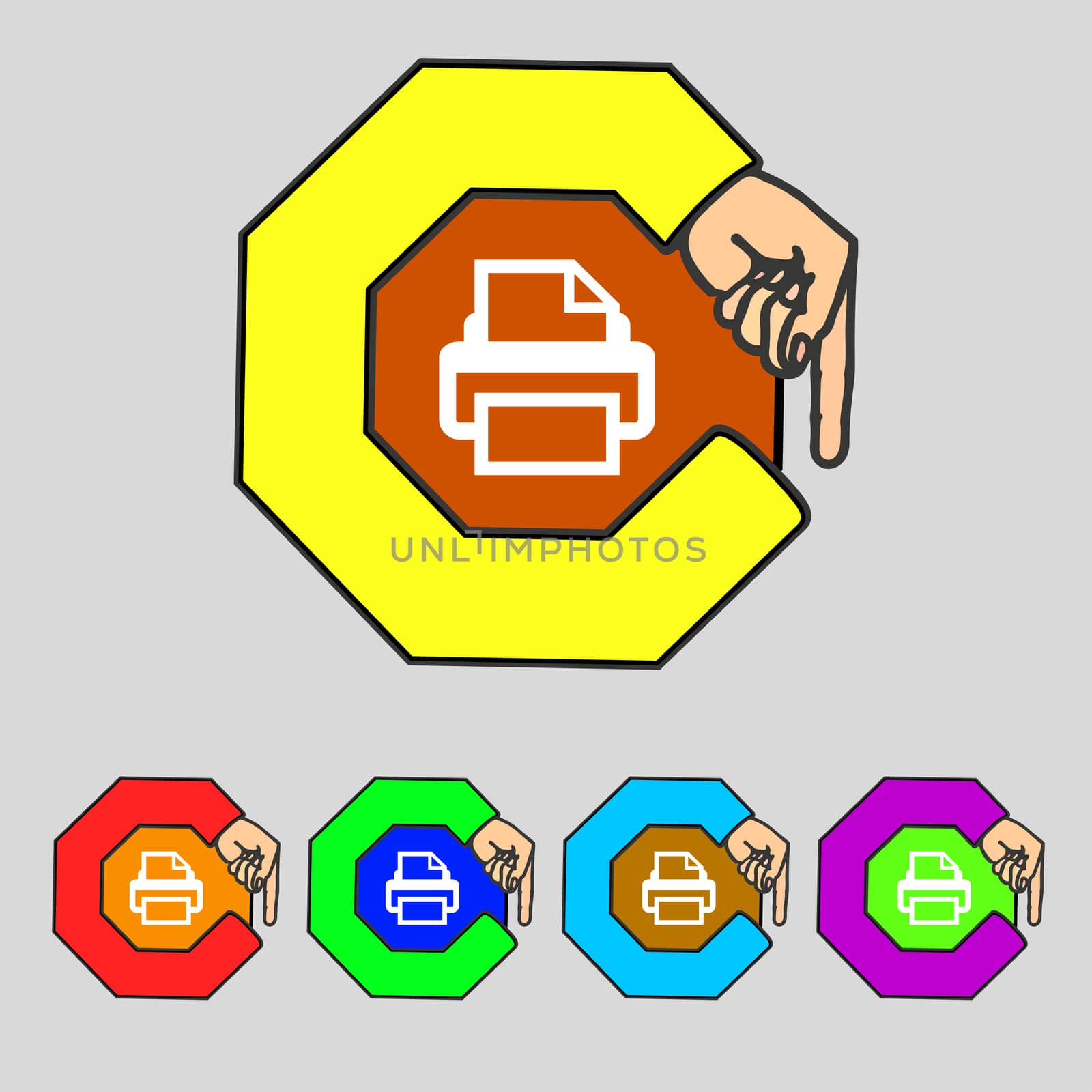 Print sign icon. Printing symbol. Print button. Set colourful buttons illustration