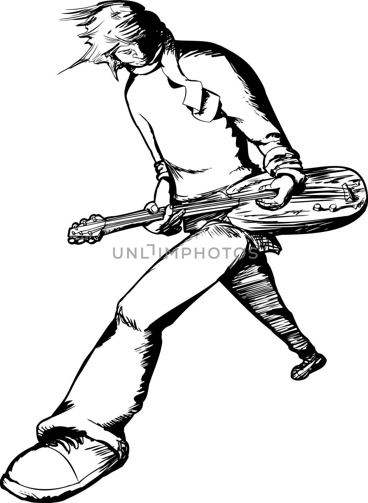 Young male electric guitar musician performing over white background