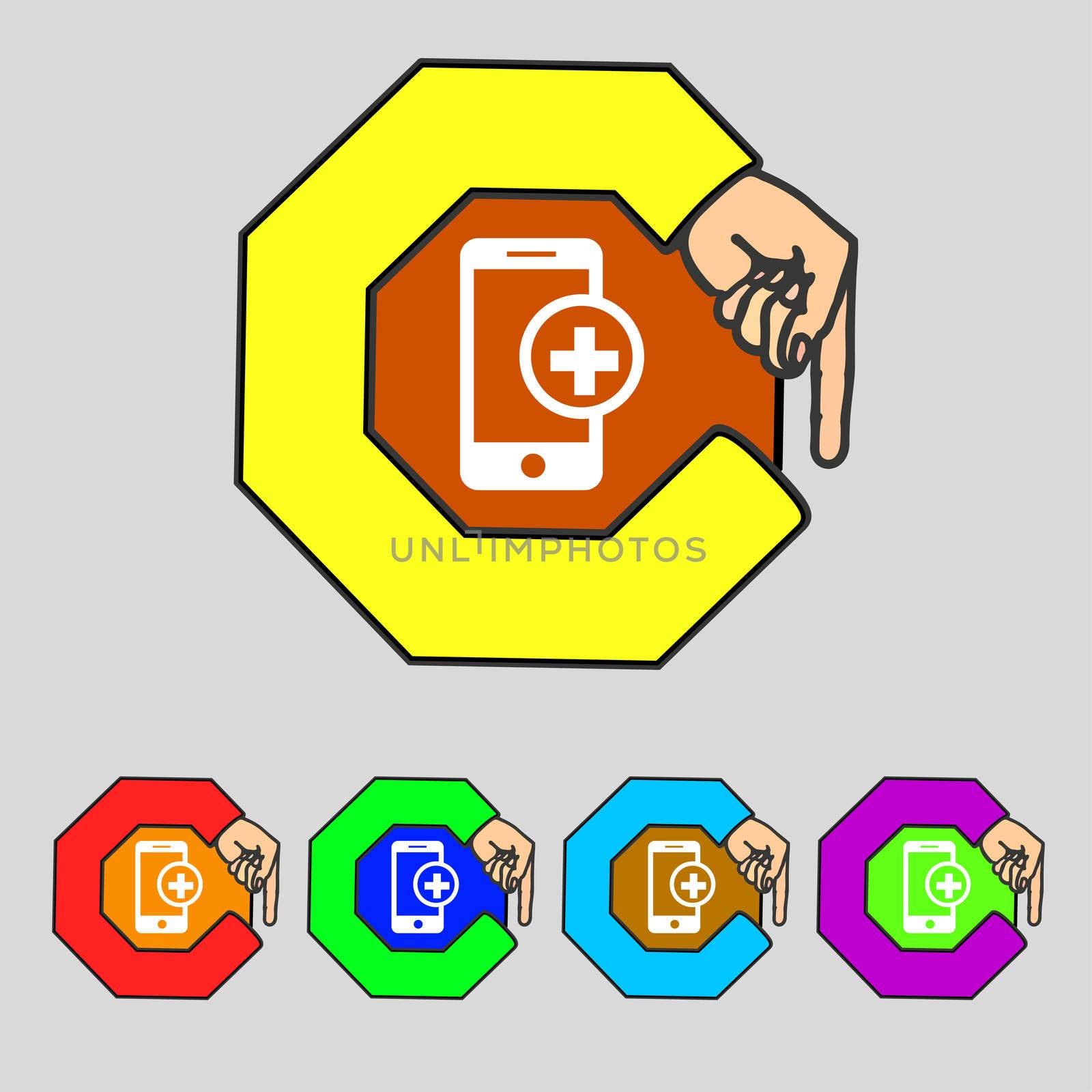 Mobile devices sign icon. with symbol plus. Map pointers information buttons Speech bubbles icons  by serhii_lohvyniuk
