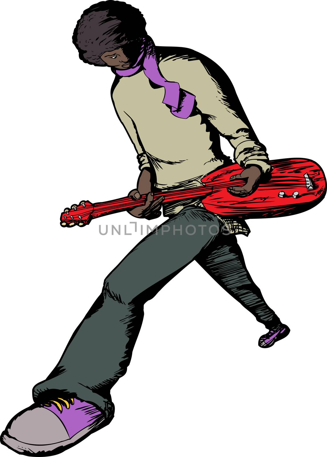 Black male electric guitar musician performing over white background