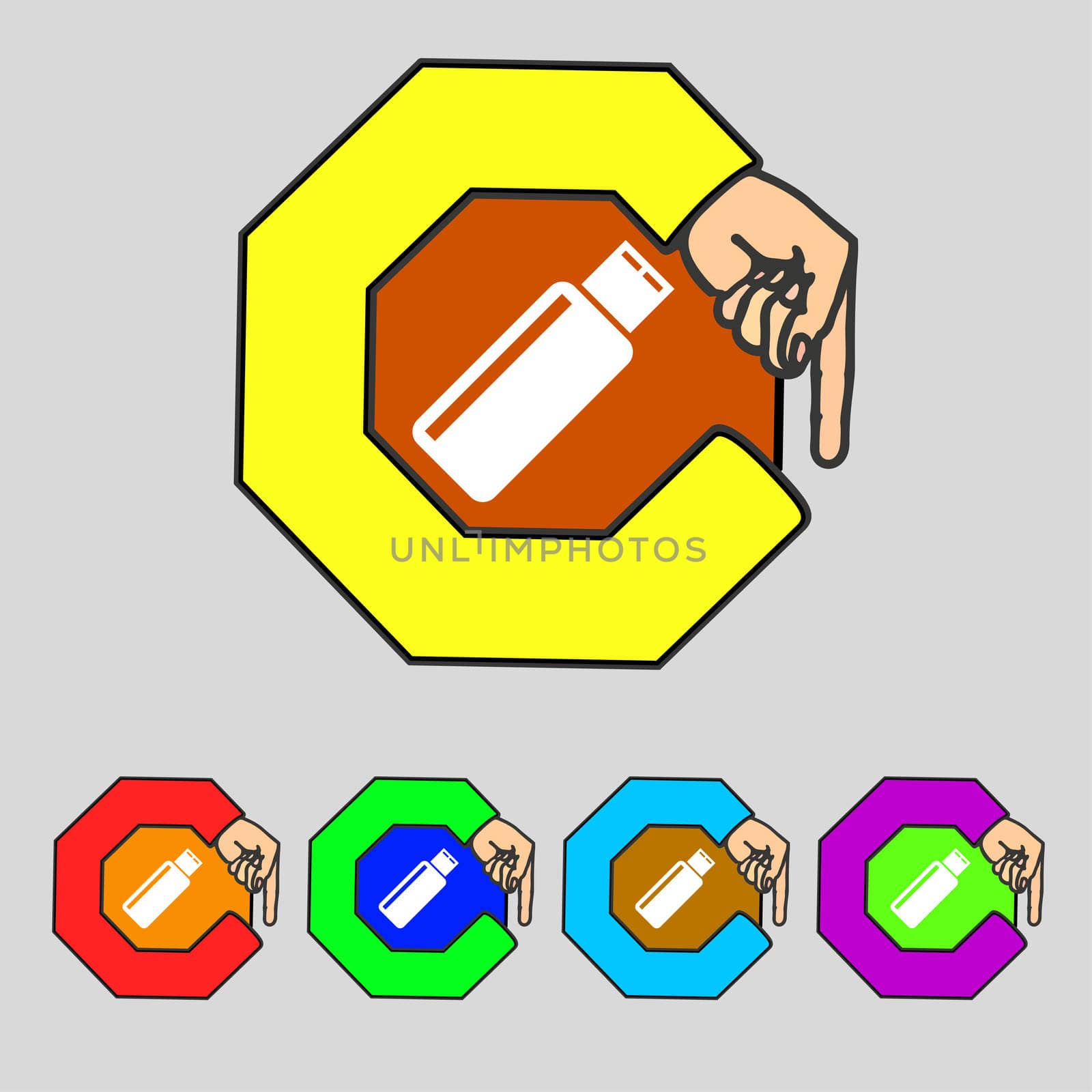 Usb sign icon. Usb flash drive stick symbol. Set colourful buttons. illustration