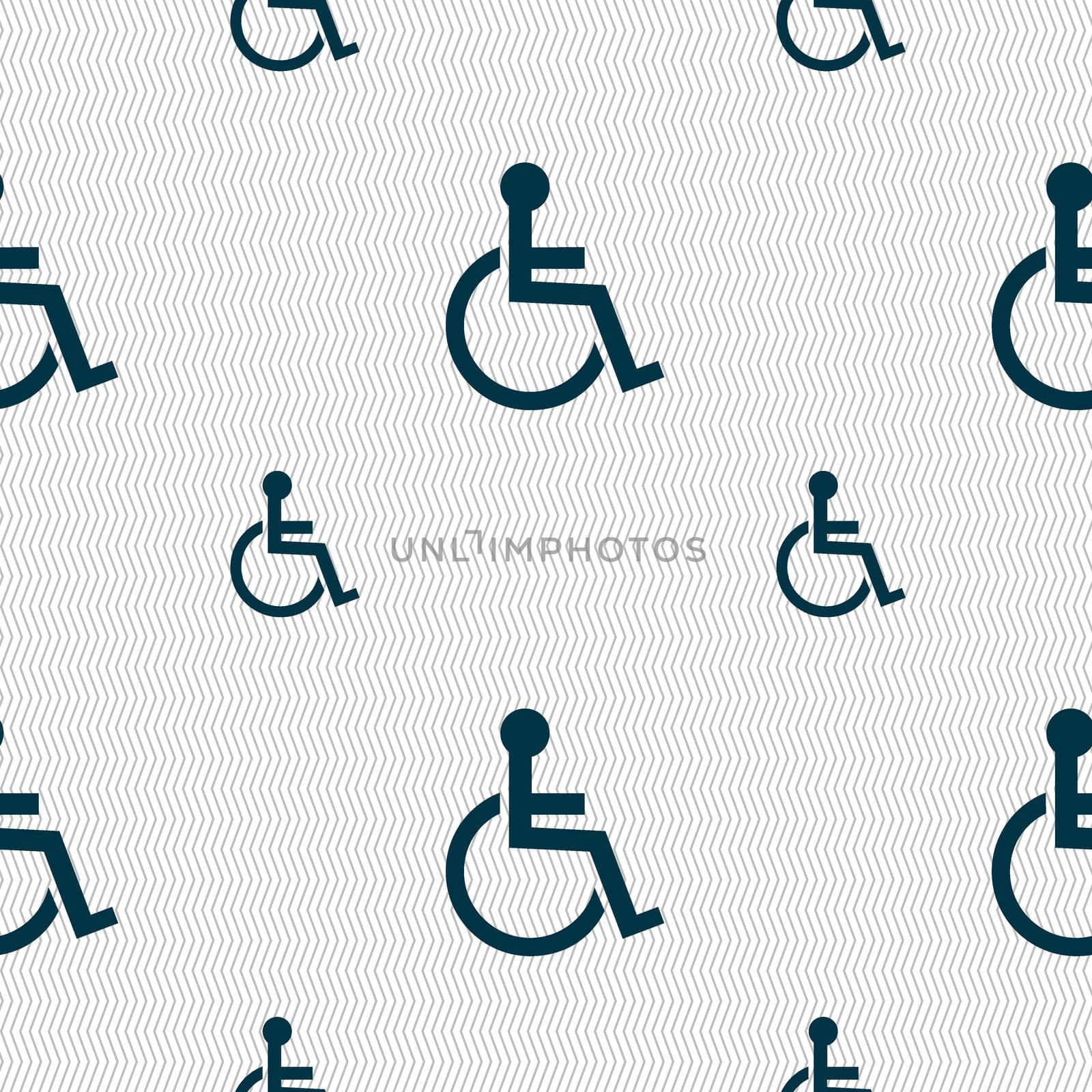 Disabled sign icon. Human on wheelchair symbol. Handicapped invalid sign. Seamless pattern with geometric texture. illustration