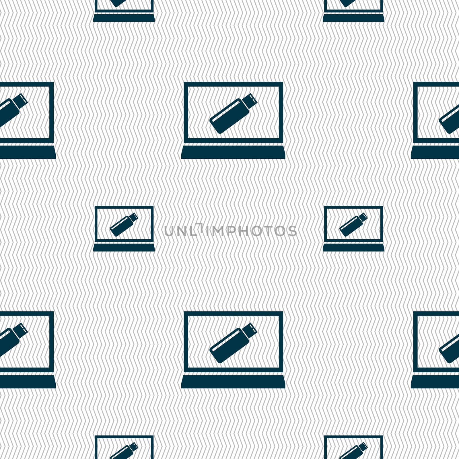 usb flash drive and monitor sign icon. Video game symbol. Seamless pattern with geometric texture. illustration