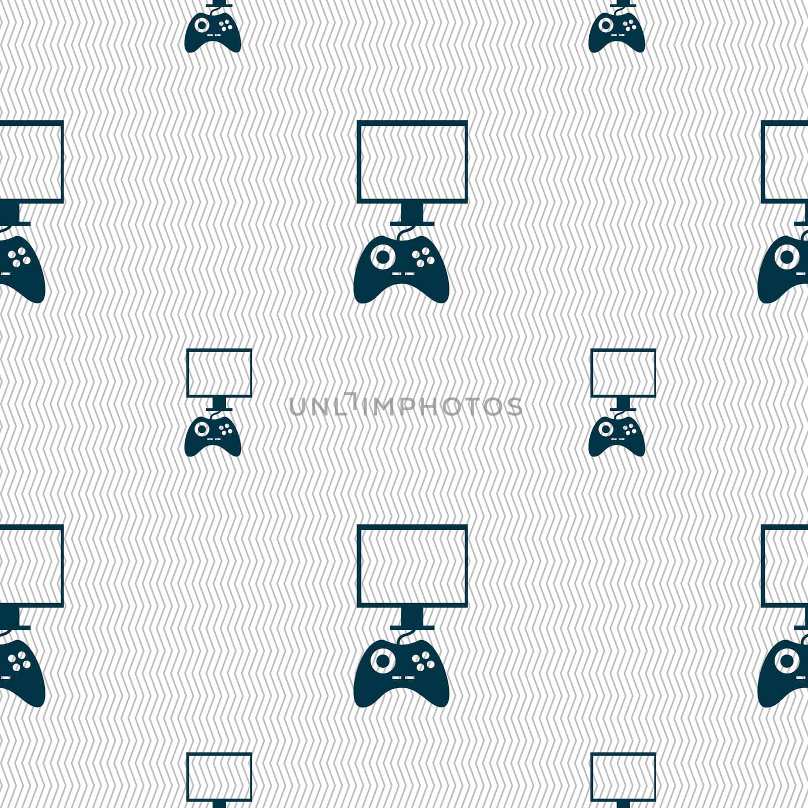 Joystick and monitor sign icon. Video game symbol. Seamless pattern with geometric texture. illustration