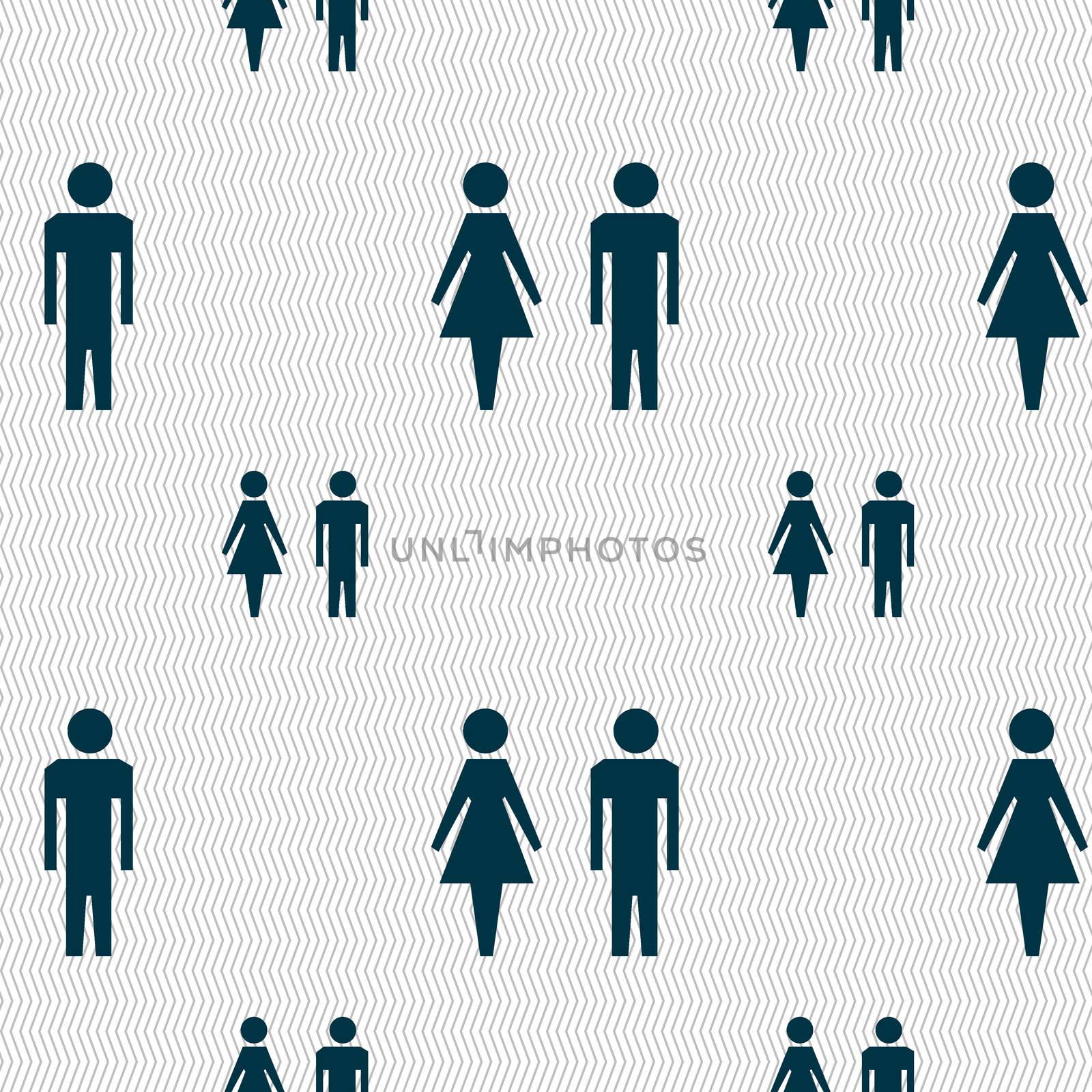 WC sign icon. Toilet symbol. Male and Female toilet. Seamless pattern with geometric texture.  by serhii_lohvyniuk