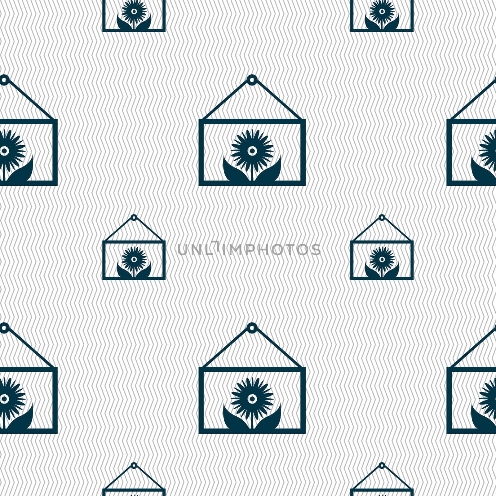 Frame with flower icon sign. Seamless pattern with geometric texture. illustration