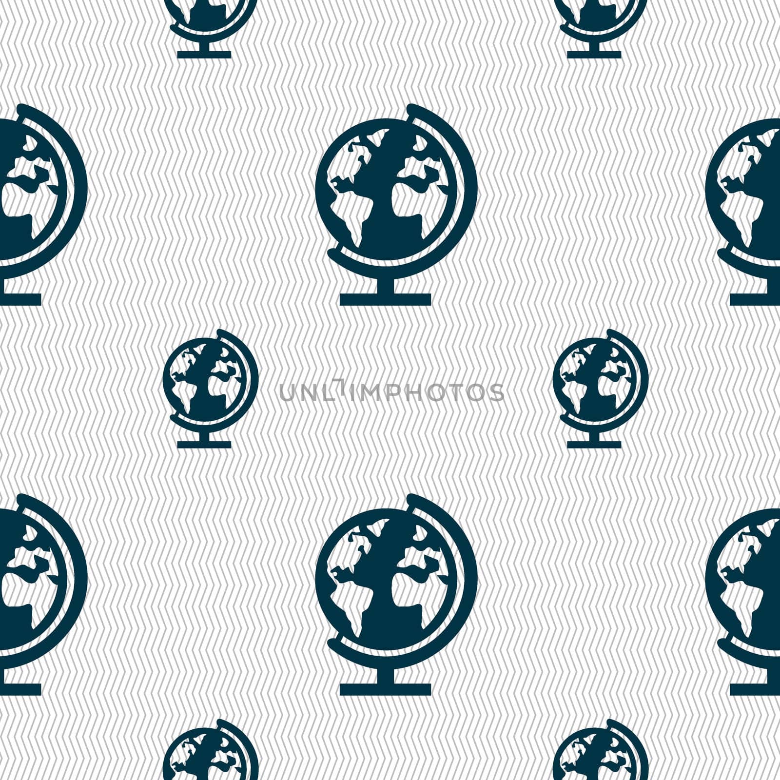 Globe sign icon. World map geography symbol. Globes on stand for studying. Seamless pattern with geometric texture. illustration