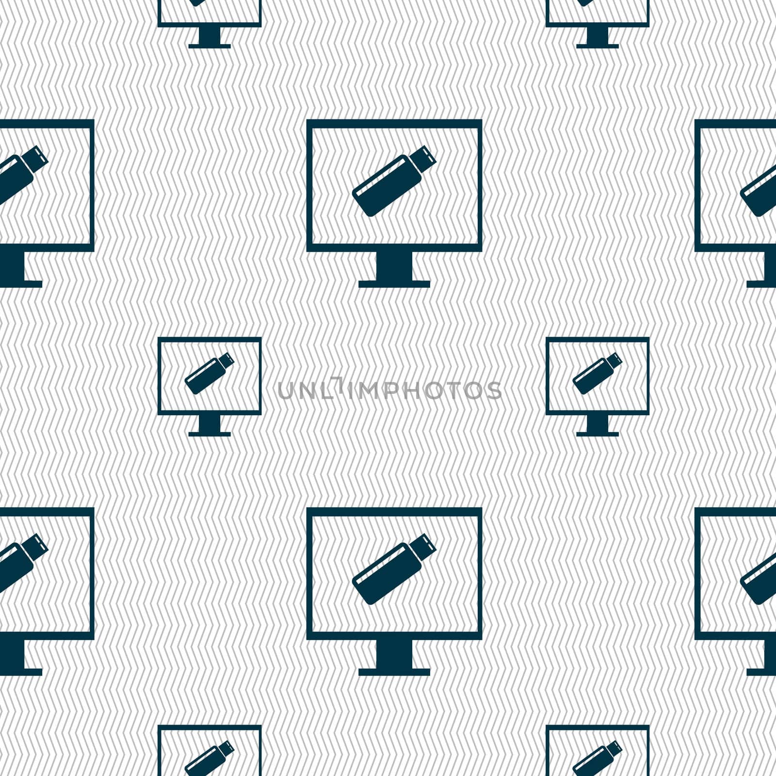 usb flash drive and monitor sign icon. Video game symbol. Seamless pattern with geometric texture. illustration