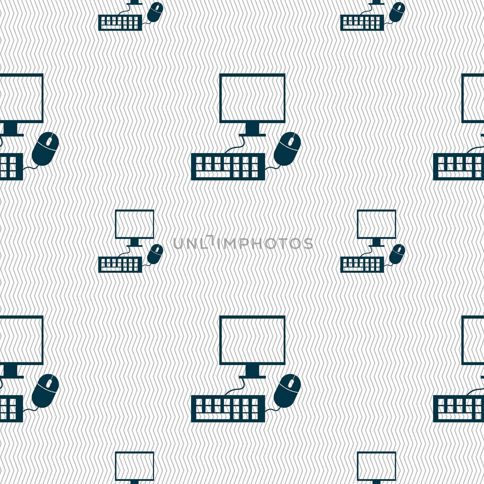 Computer widescreen monitor, keyboard, mouse sign icon. Seamless pattern with geometric texture. illustration