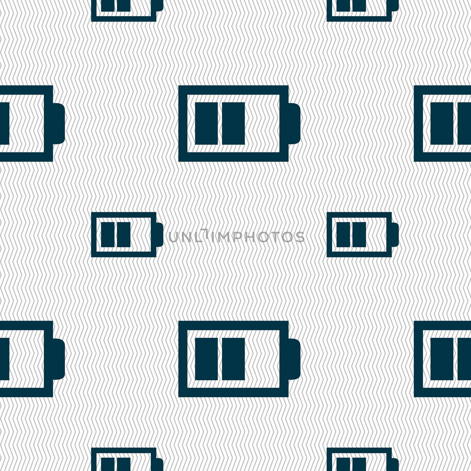 Battery half level sign icon. Low electricity symbol. Seamless pattern with geometric texture. illustration