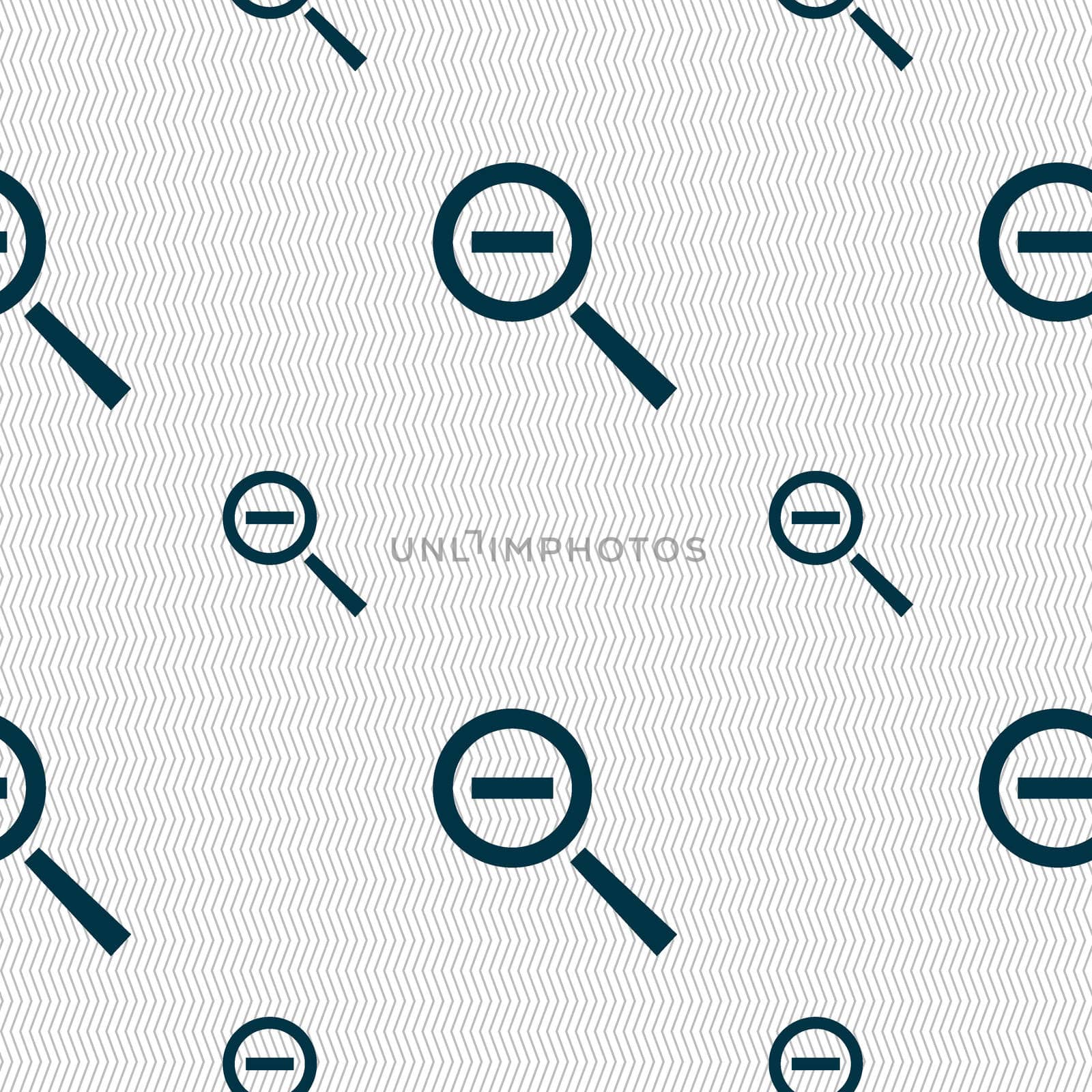 Magnifier glass, Zoom tool icon sign. Seamless pattern with geometric texture. illustration