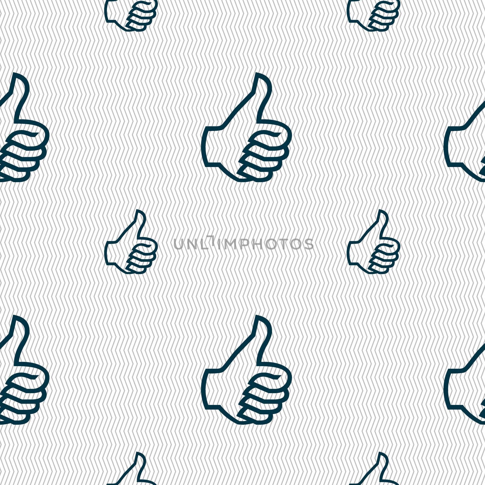 Like sign icon. Thumb up sign. Hand finger up. Seamless pattern with geometric texture. illustration