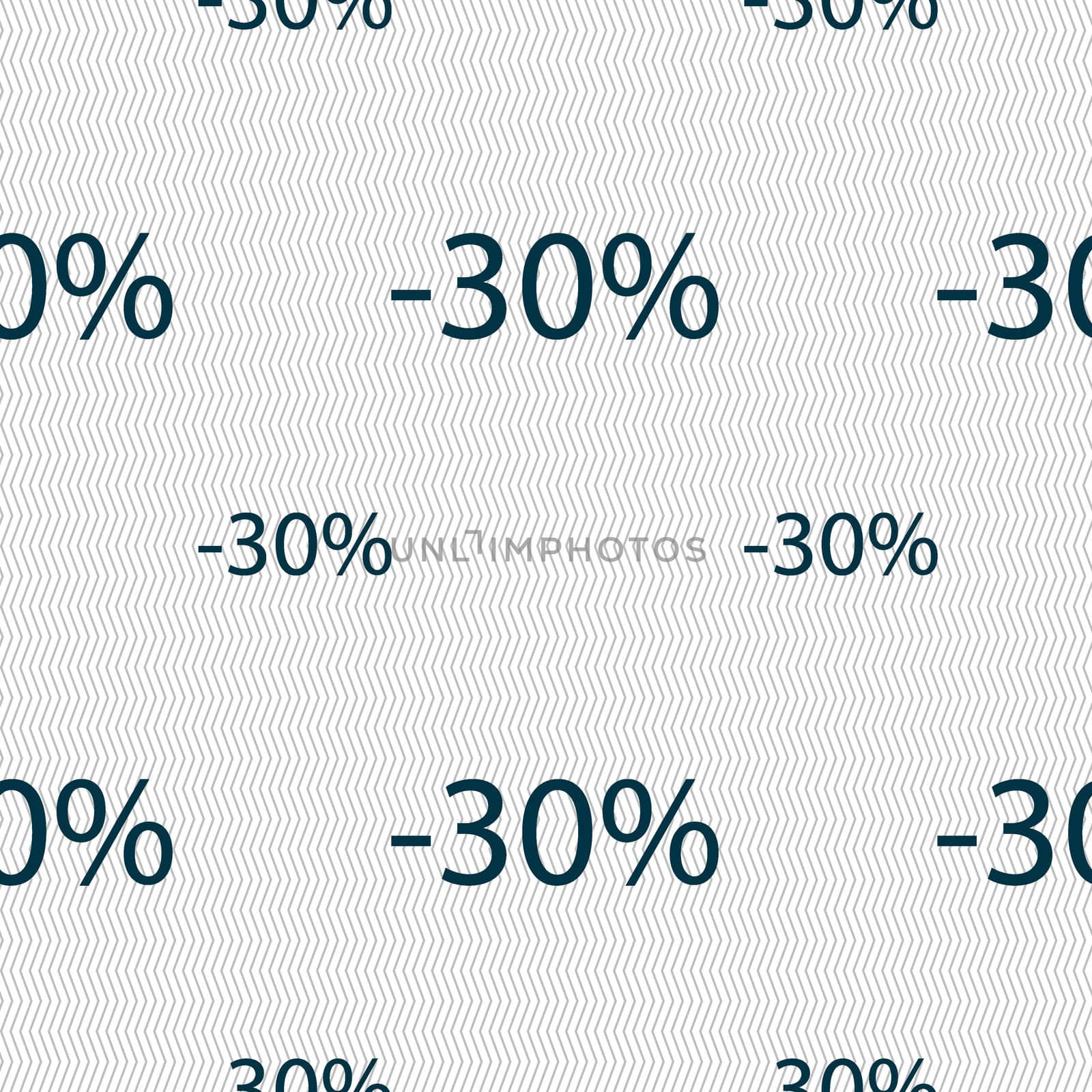 30 percent discount sign icon. Sale symbol. Special offer label. Seamless pattern with geometric texture. illustration