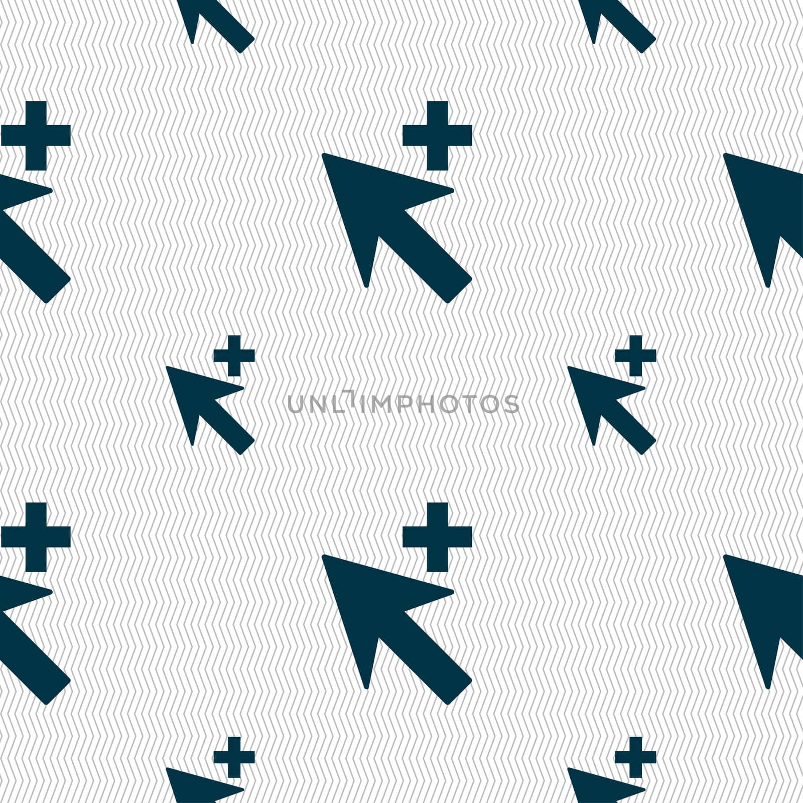 Cursor, arrow plus, add icon sign. Seamless pattern with geometric texture. illustration