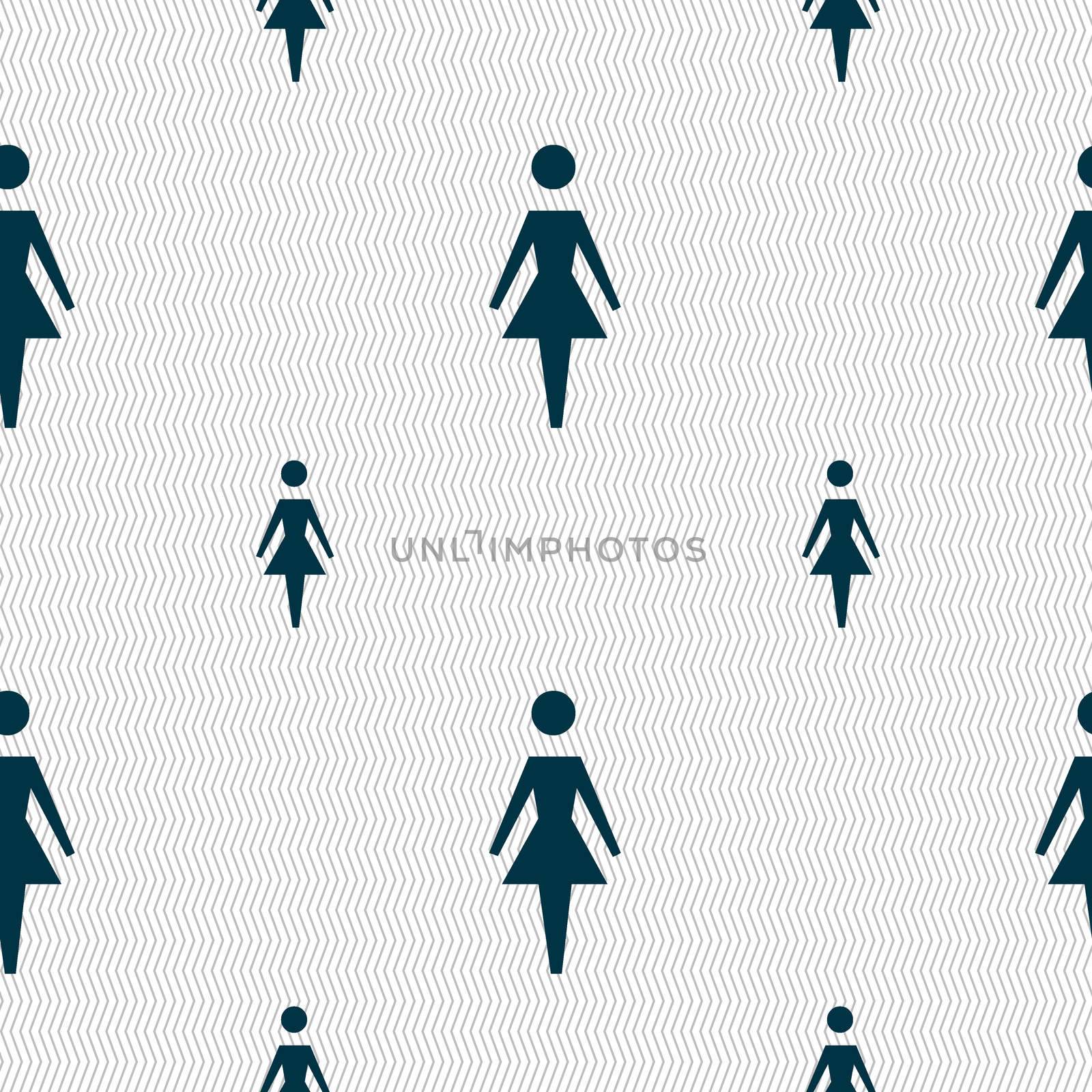 Female sign icon. Woman human symbol. Women toilet. Seamless pattern with geometric texture. illustration