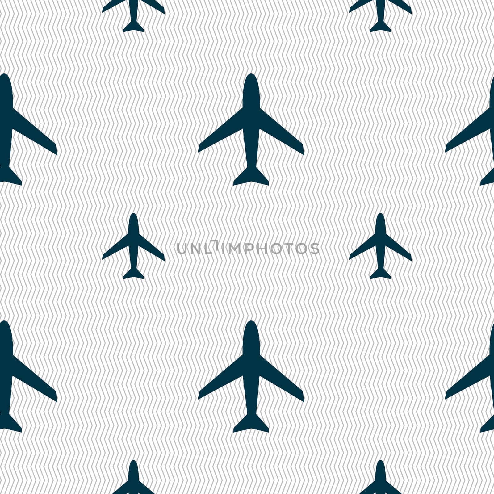 Airplane sign. Plane symbol. Travel icon. Flight flat label. Seamless pattern with geometric texture.  by serhii_lohvyniuk