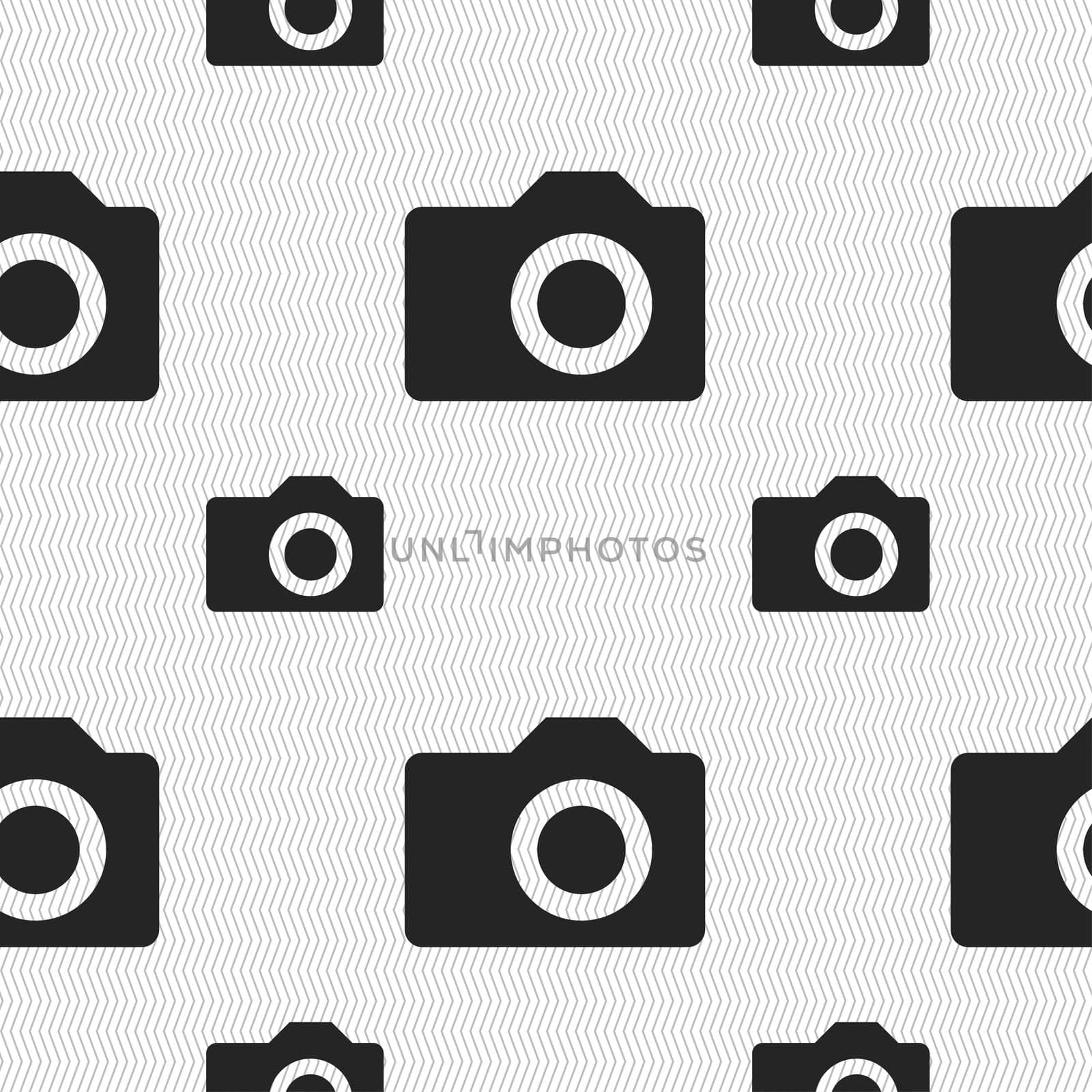 Digital photo camera icon sign. Seamless pattern with geometric texture. illustration