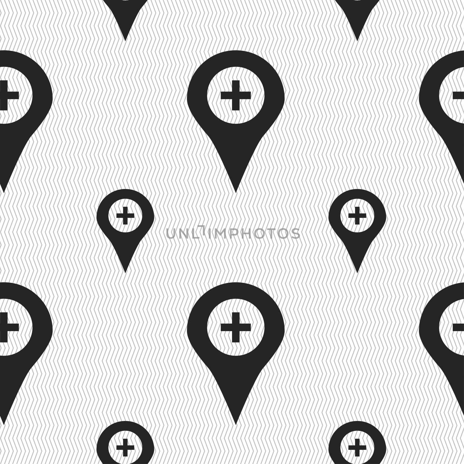 Plus Map pointer, GPS location icon sign. Seamless pattern with geometric texture. illustration