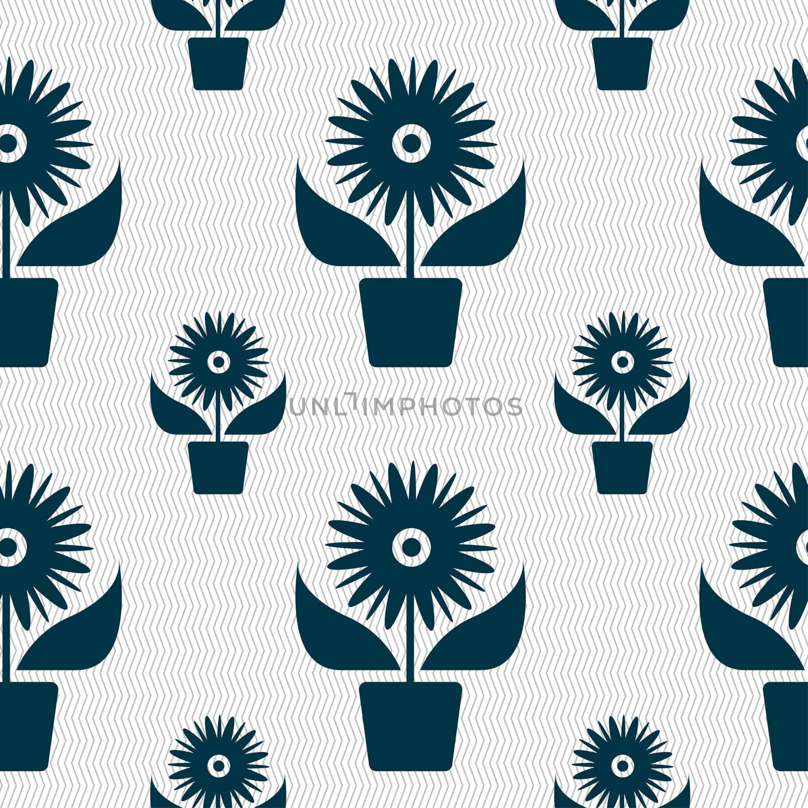 Flowers in pot icon sign. Seamless pattern with geometric texture. illustration