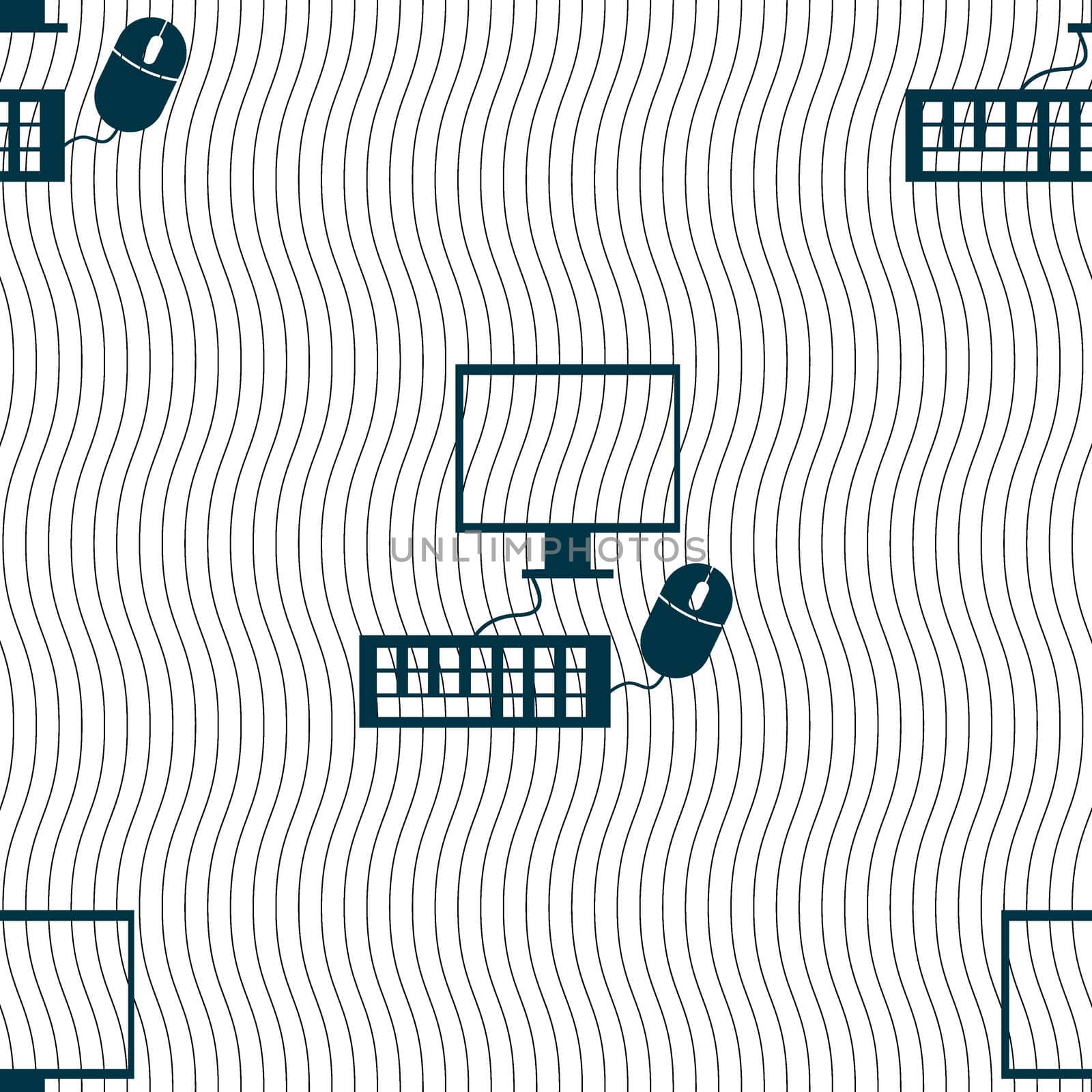 Computer widescreen monitor, keyboard, mouse sign icon. Seamless pattern with geometric texture. illustration