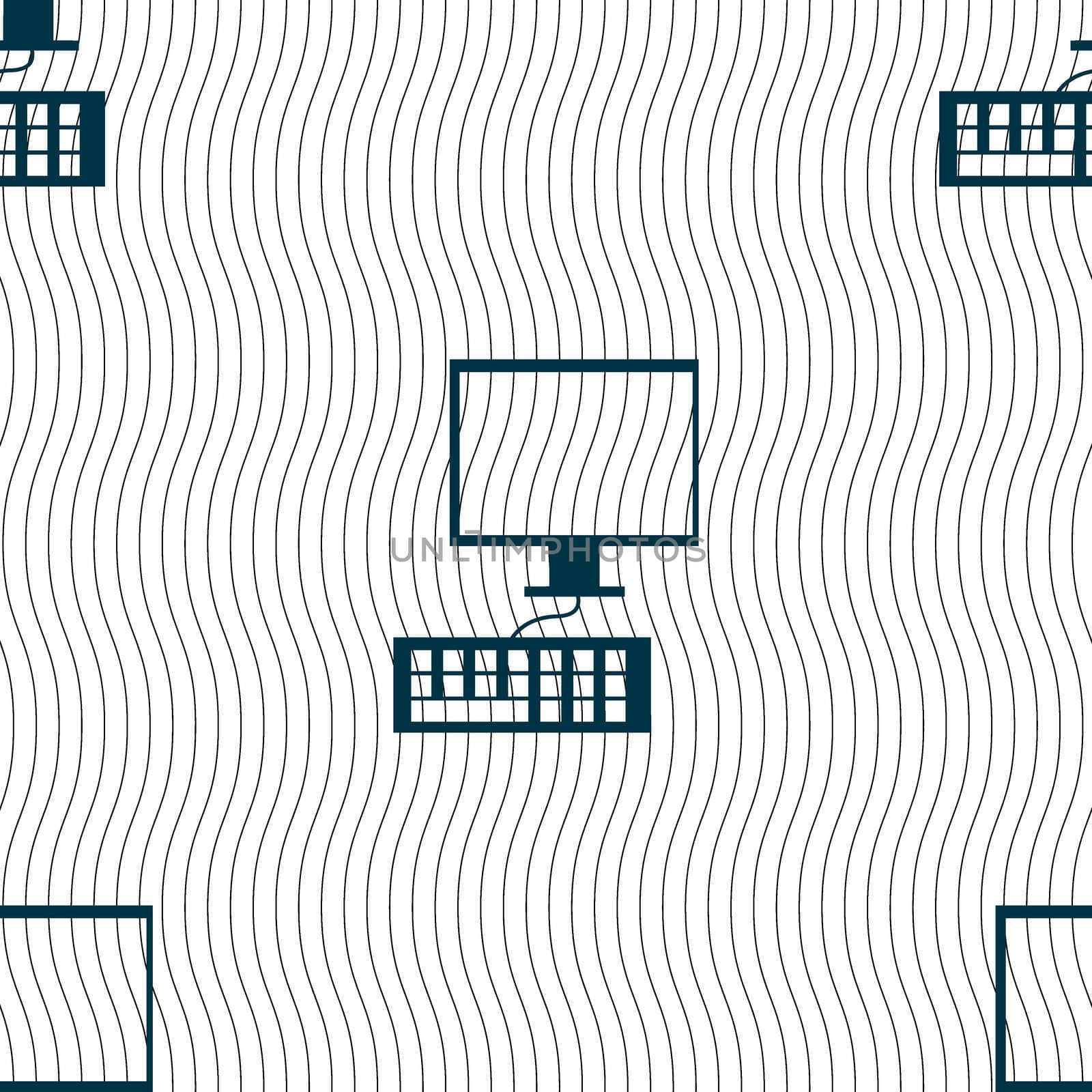 Computer monitor and keyboard Icon. Seamless pattern with geometric texture. illustration