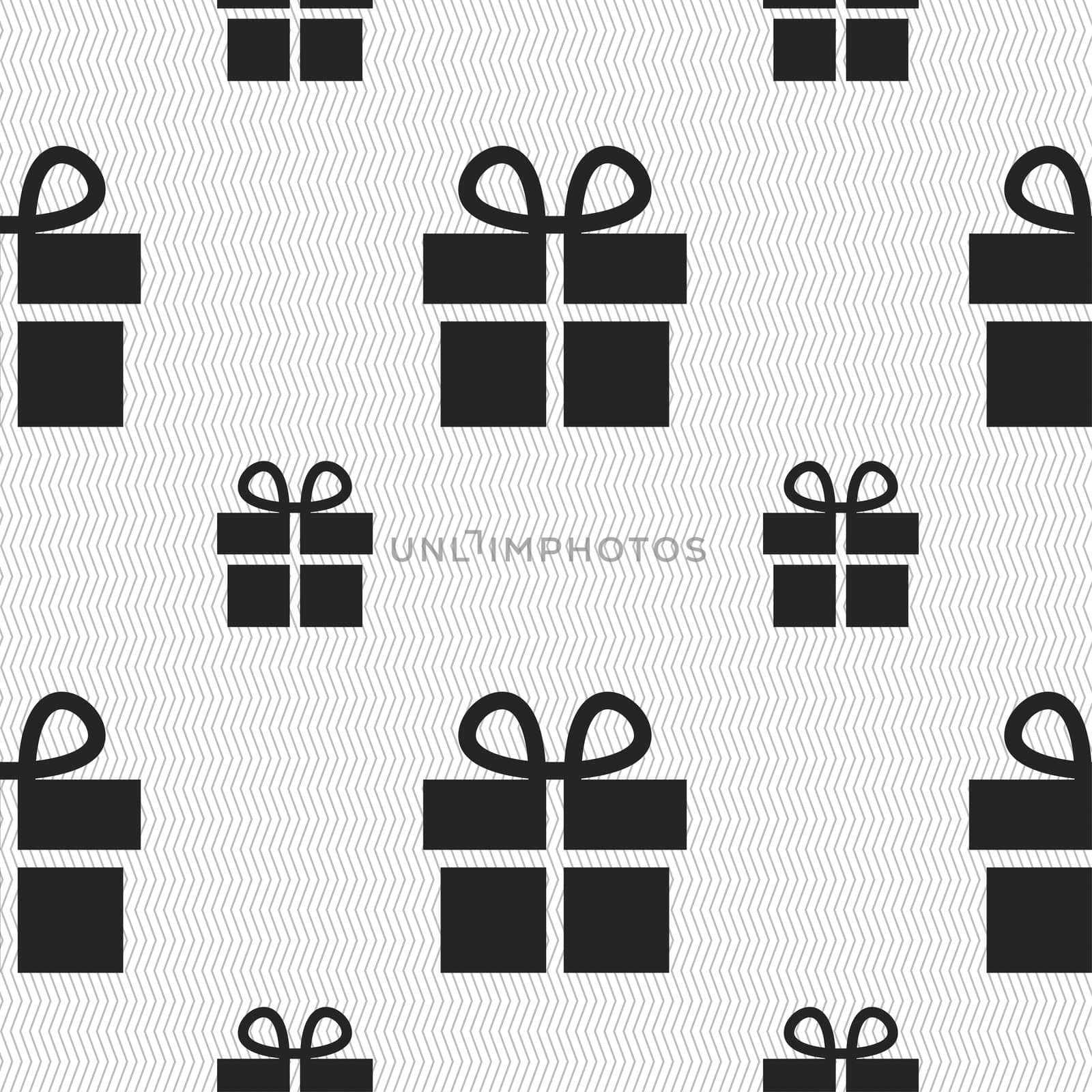 Gift box icon sign. Seamless pattern with geometric texture. illustration