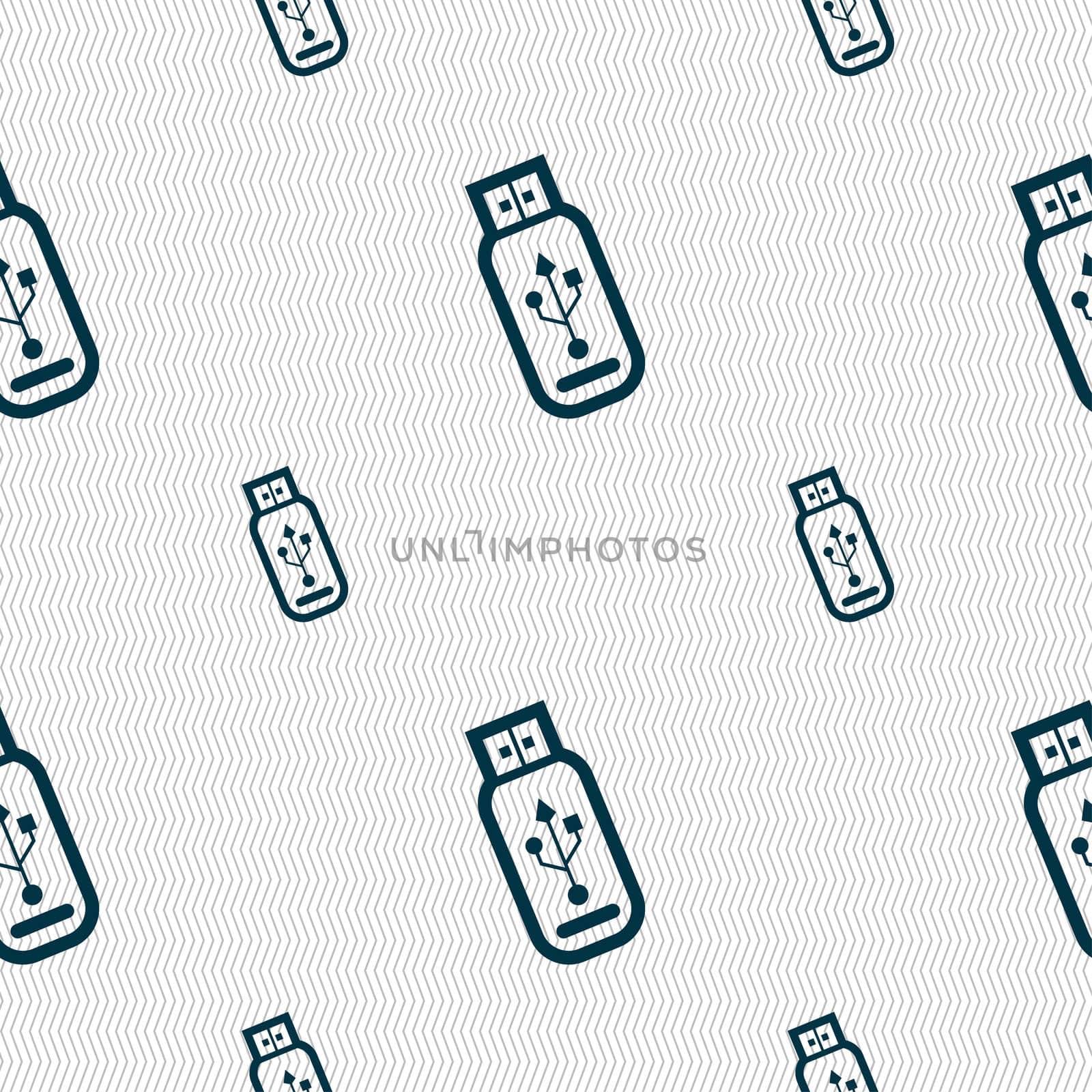 Usb flash drive icon sign. Seamless pattern with geometric texture. illustration