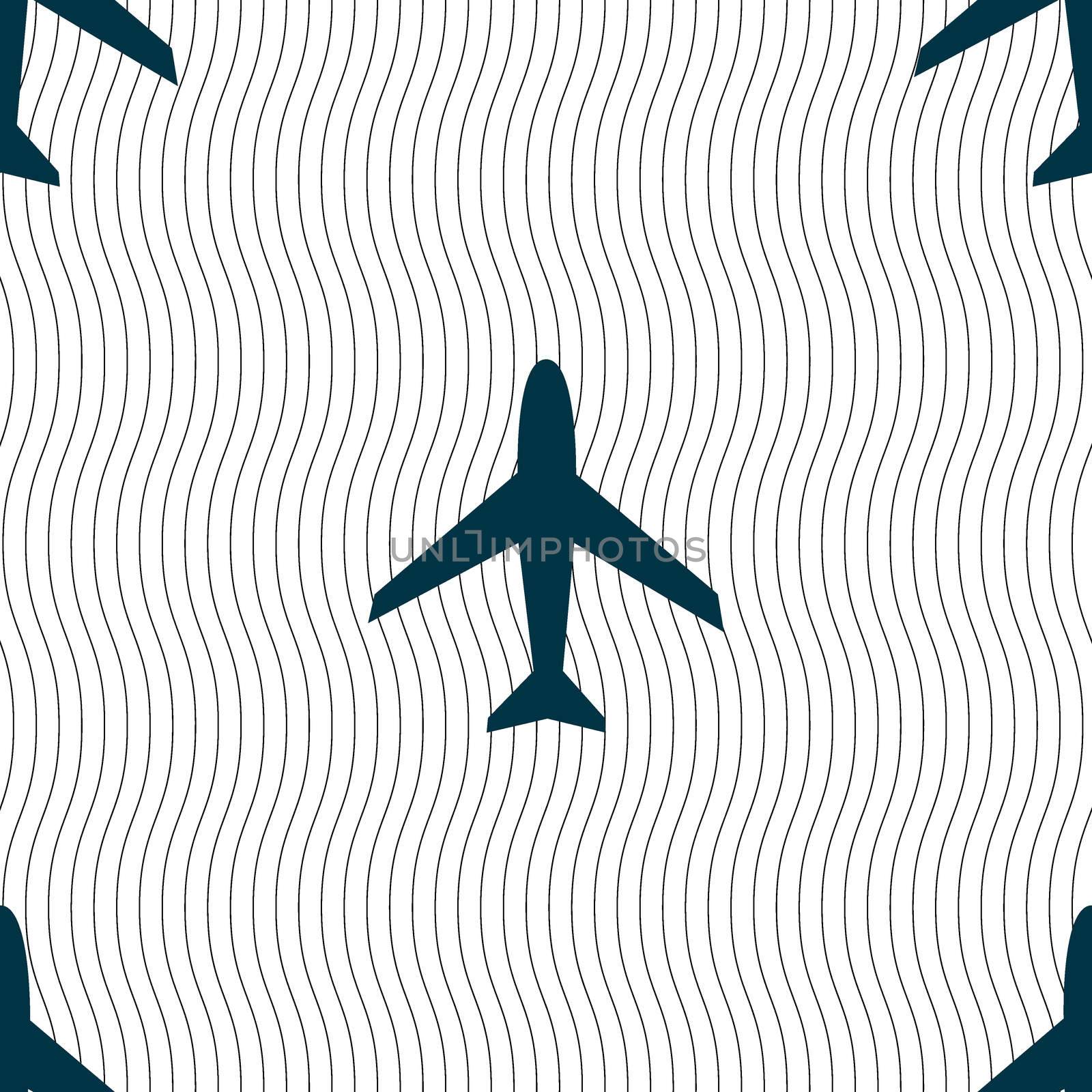 Airplane sign. Plane symbol. Travel icon. Flight flat label. Seamless pattern with geometric texture. illustration