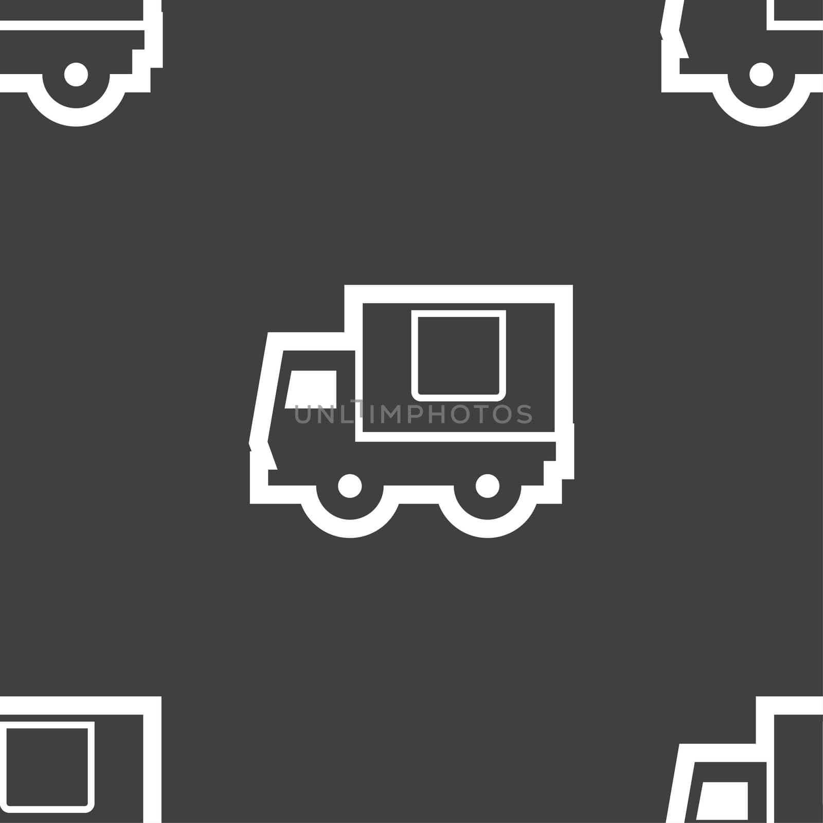 Delivery truck icon sign. Seamless pattern on a gray background.  by serhii_lohvyniuk