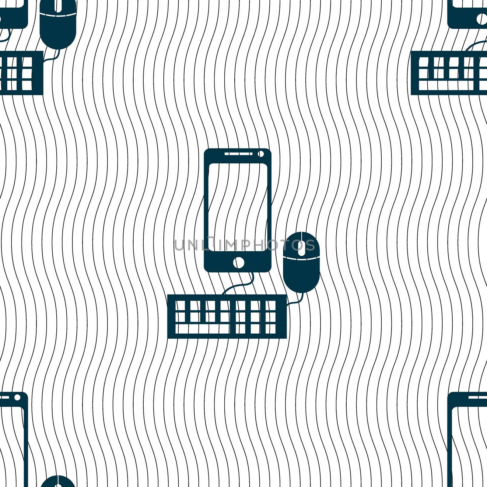 smartphone widescreen monitor, keyboard, mouse sign icon. Seamless pattern with geometric texture. illustration