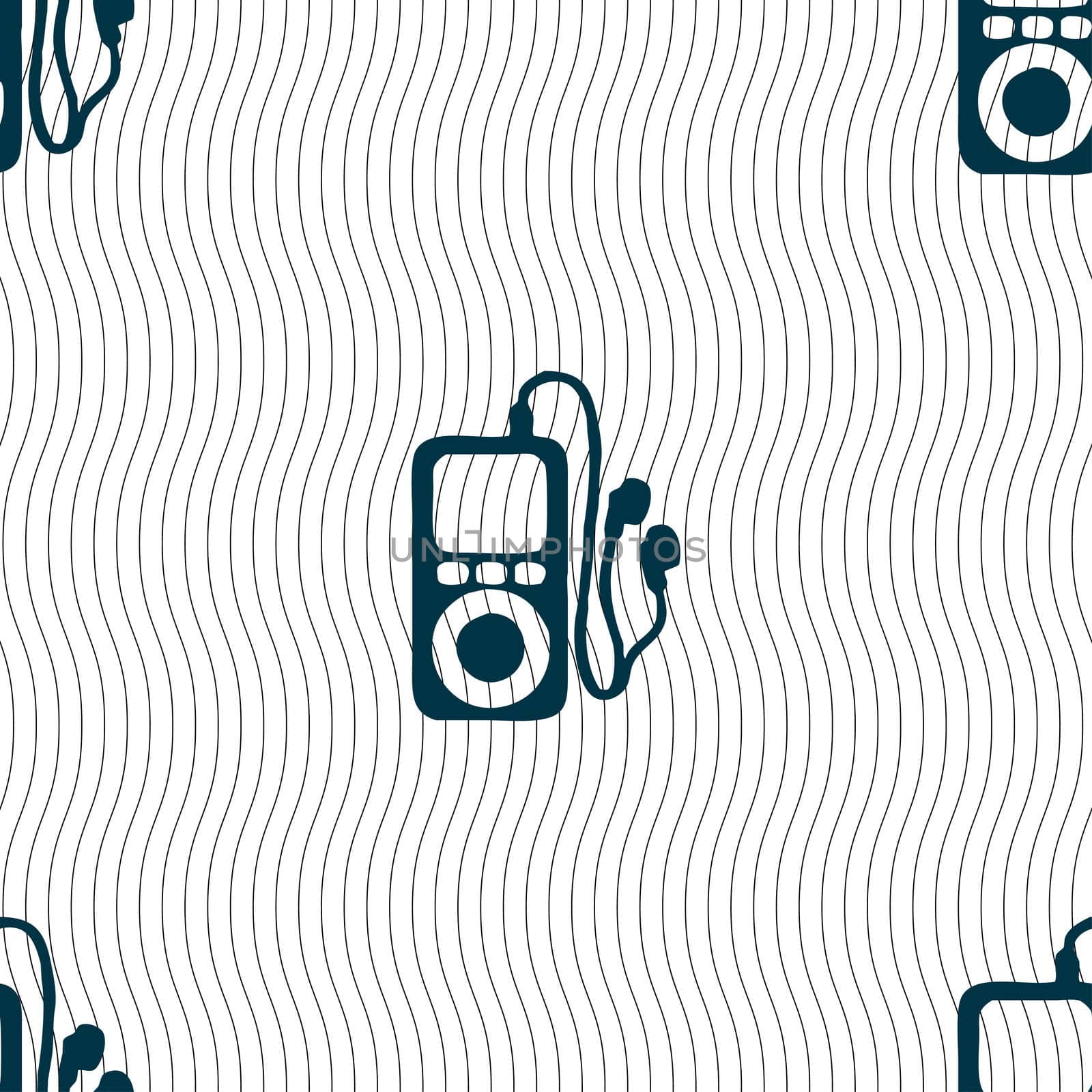 MP3 player, headphones, music icon sign. Seamless pattern with geometric texture. illustration