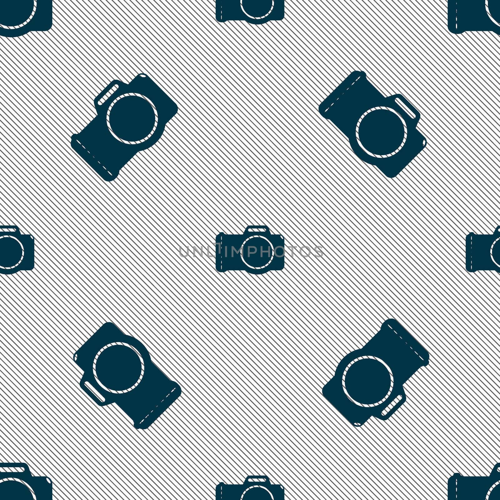Photo camera sign icon. Digital photo camera symbol. Seamless pattern with geometric texture. illustration