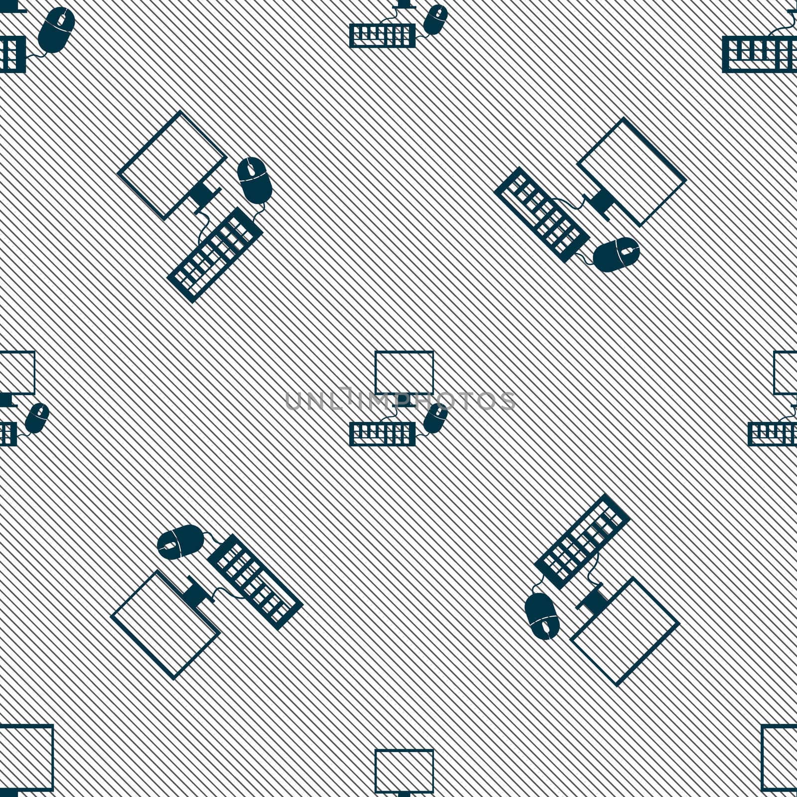 Computer widescreen monitor, keyboard, mouse sign icon. Seamless pattern with geometric texture.  by serhii_lohvyniuk