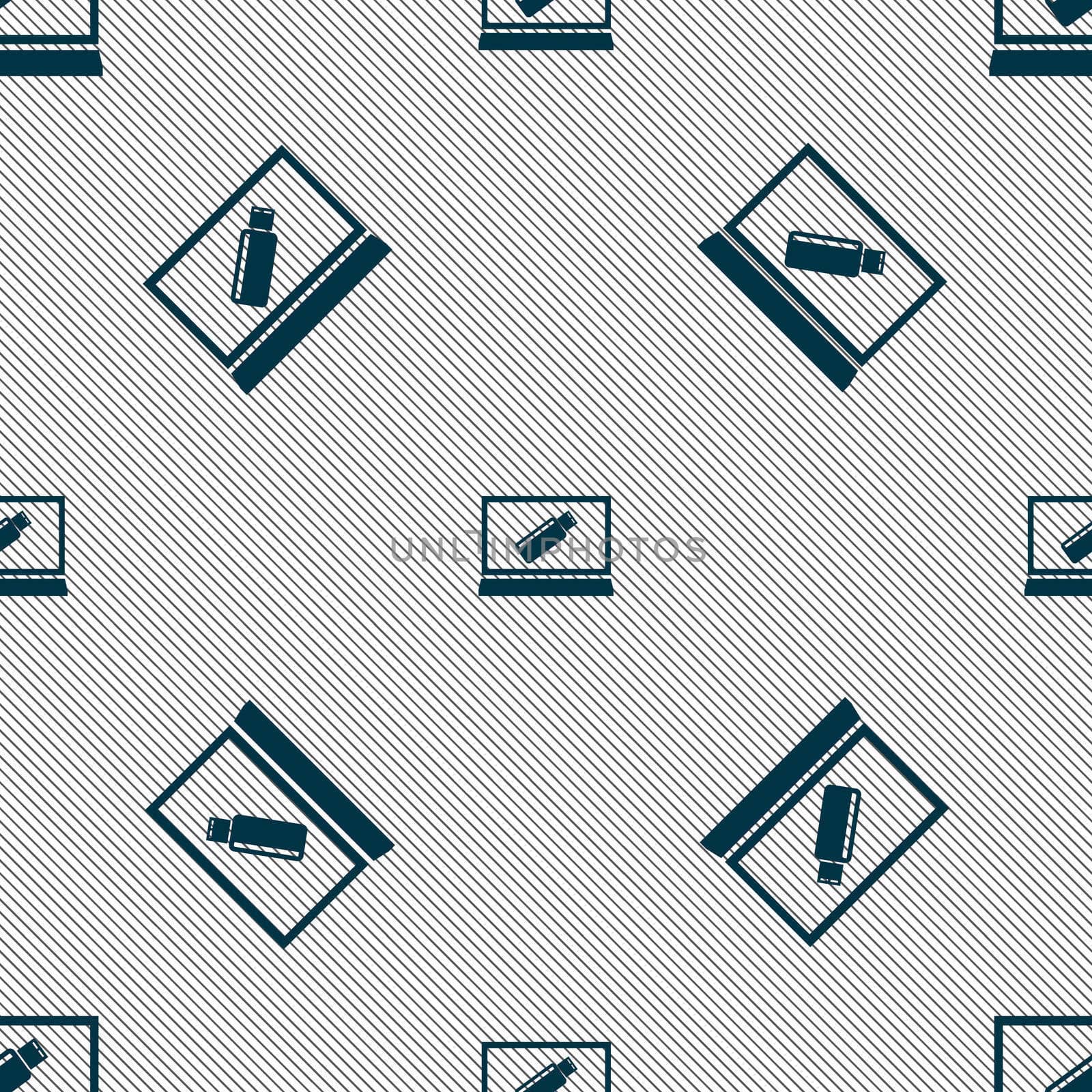 usb flash drive and monitor sign icon. Video game symbol. Seamless pattern with geometric texture. illustration