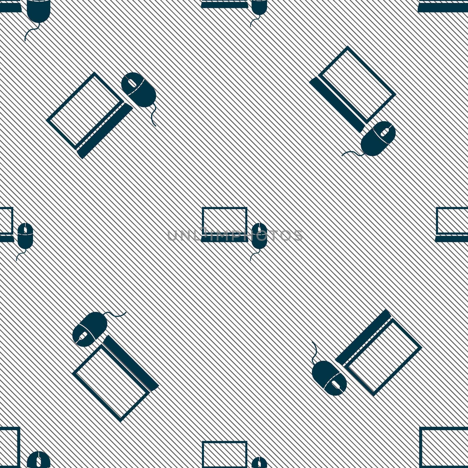 Computer widescreen monitor, mouse sign ico. Seamless pattern with geometric texture. illustration