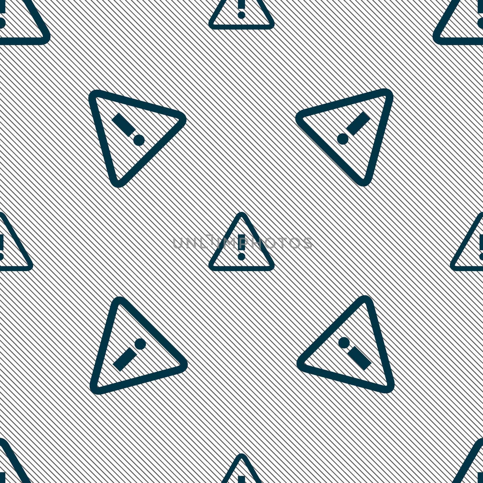 Attention caution sign icon. Exclamation mark. Hazard warning symbol. Seamless pattern with geometric texture. illustration