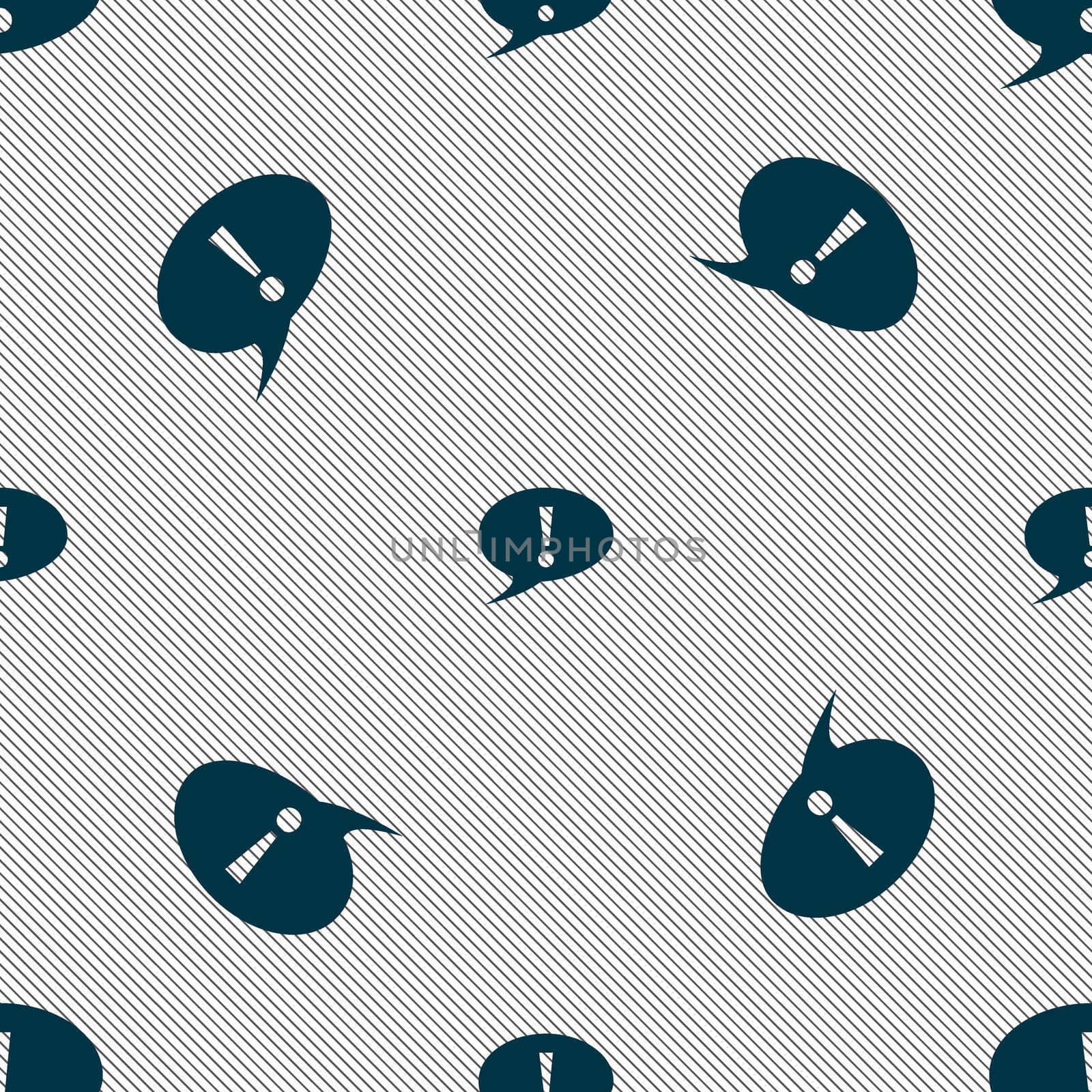 Exclamation mark sign icon. Attention speech bubble symbol. Seamless pattern with geometric texture. illustration