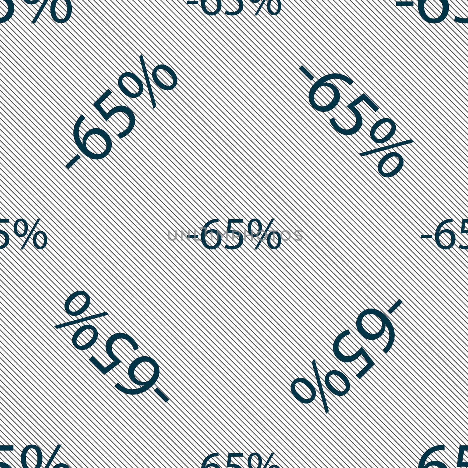 65 percent discount sign icon. Sale symbol. Special offer label. Seamless pattern with geometric texture. illustration