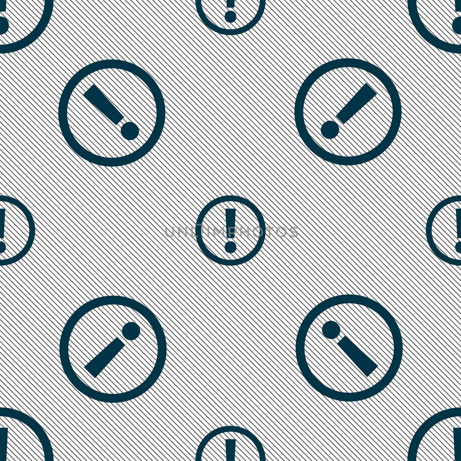 Attention sign icon. Exclamation mark. Hazard warning symbol. Seamless pattern with geometric texture. illustration