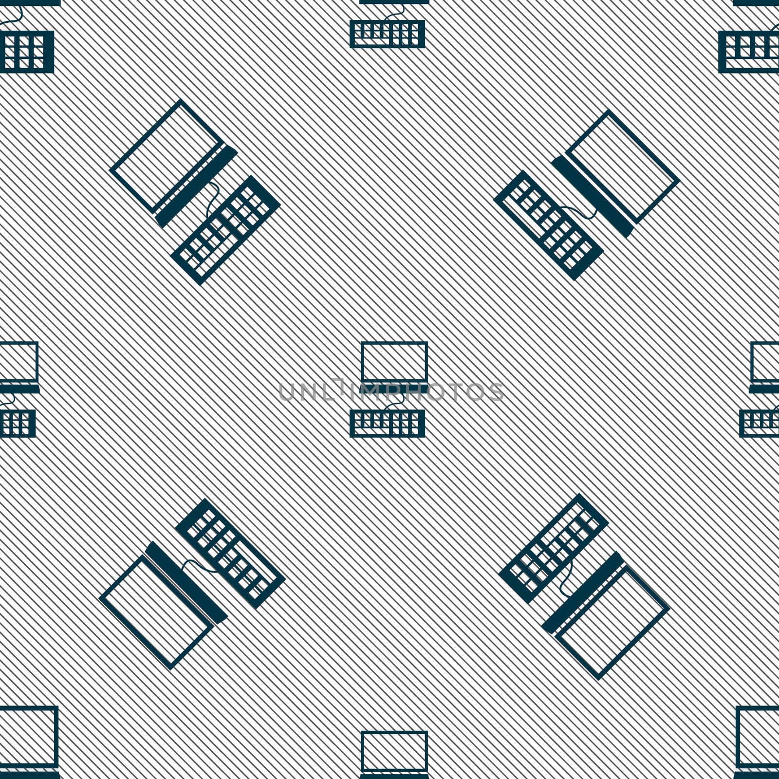 Computer monitor and keyboard Icon. Seamless pattern with geometric texture. illustration